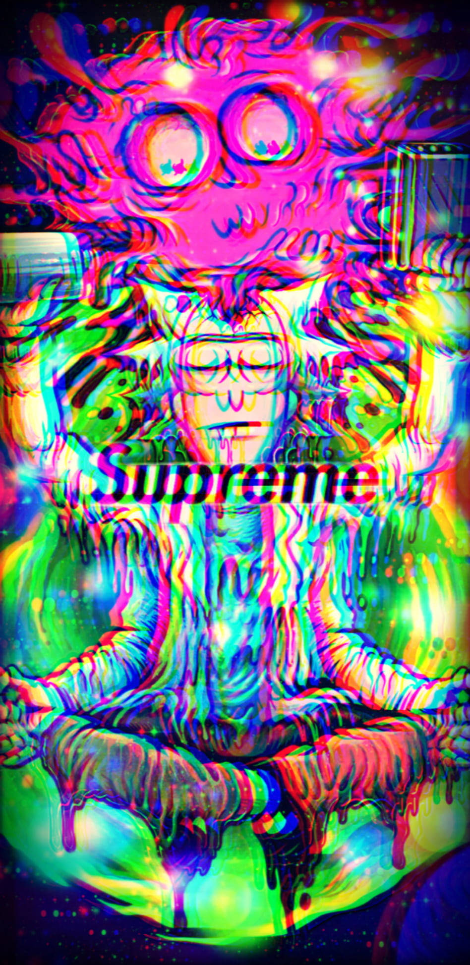 rick 桌布 壁紙 — 一個迷幻數位藝術人物正在冥想，帶有發光的霓虹色彩和上方一個超現實的頭骨。