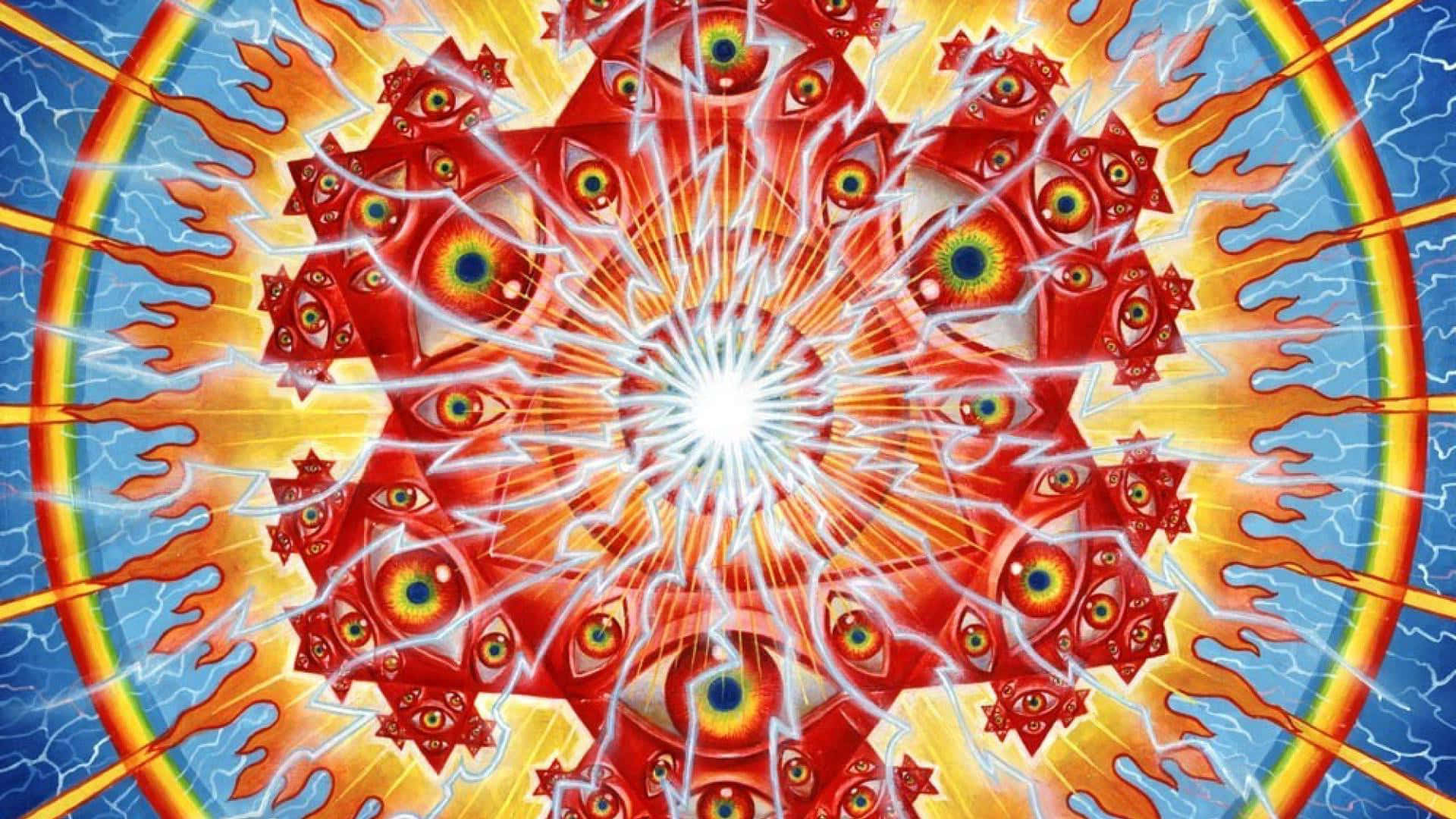 Trippy 3d Art 桌布 壁紙 — 一個迷幻曼陀羅，帶有紅色眼睛和閃電，以彩虹和藍天為背景。
