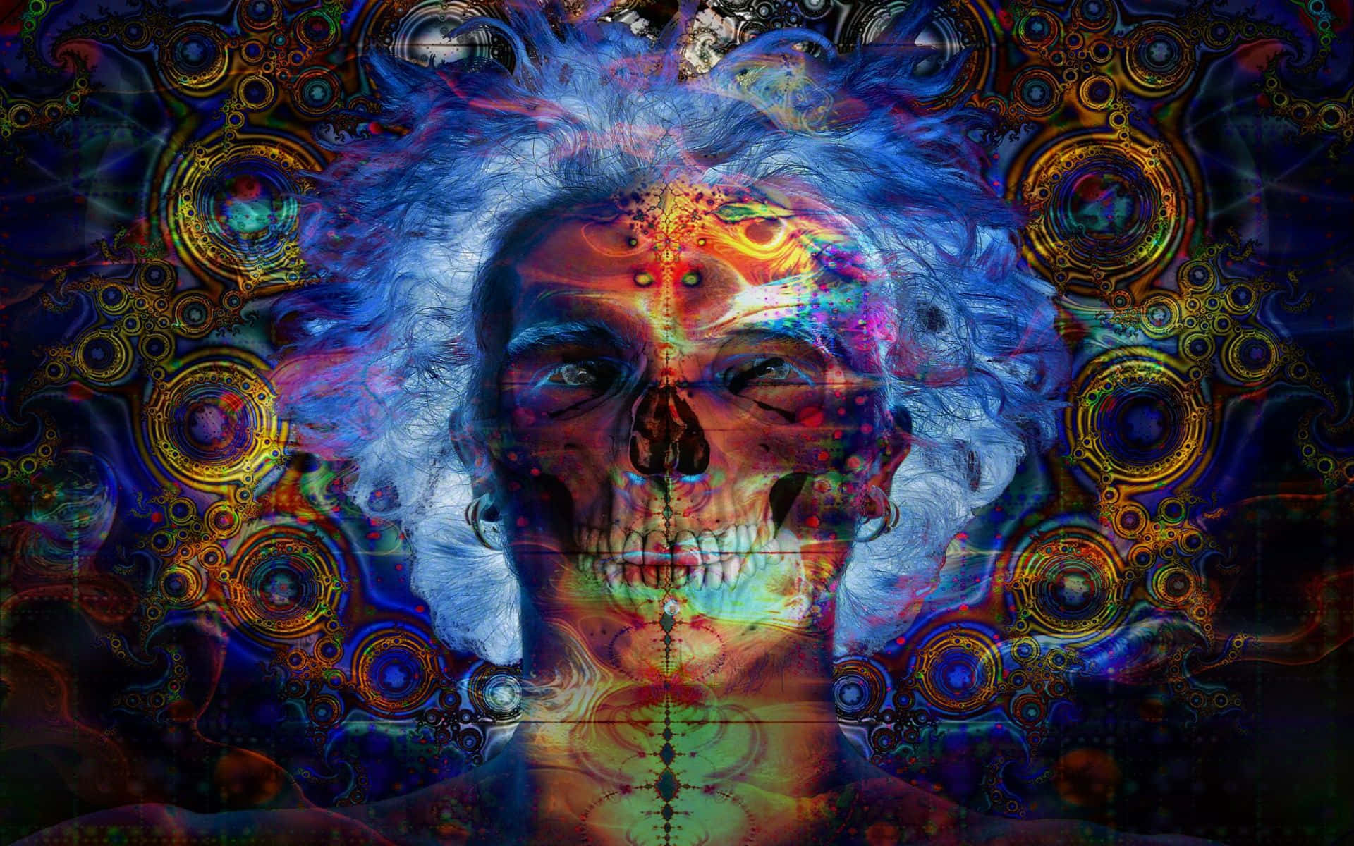 Psychedelic Nature 桌布 壁紙 — 一個迷幻的人類頭骨，帶有發光的碎形圖案和旋轉的宇宙齒輪，背景為深色。