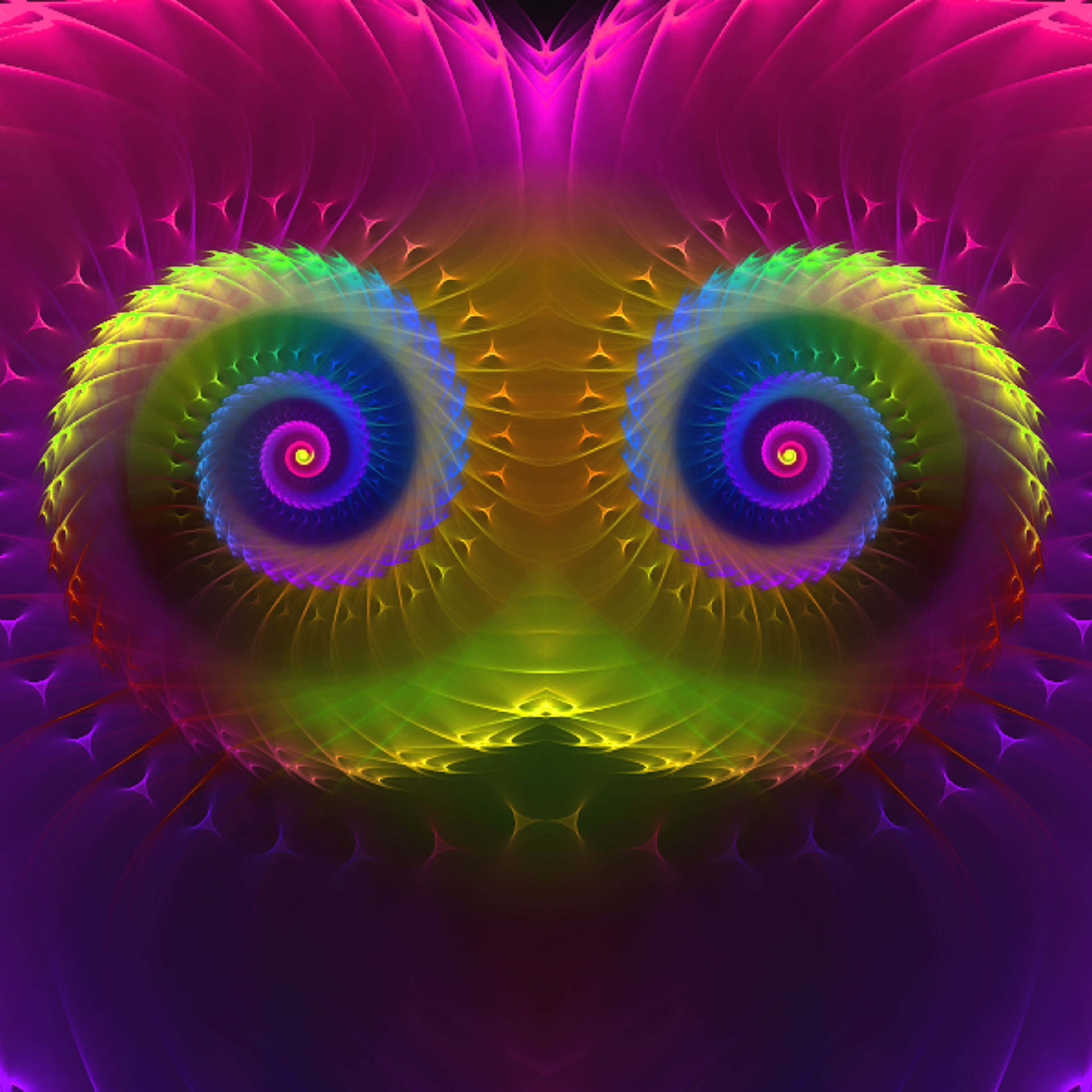 Neon Colors 桌布 壁紙 — 一個迷幻的分形面孔，帶有發光的螺旋眼睛和充滿活力的洋紅色、綠色和紫色色調。