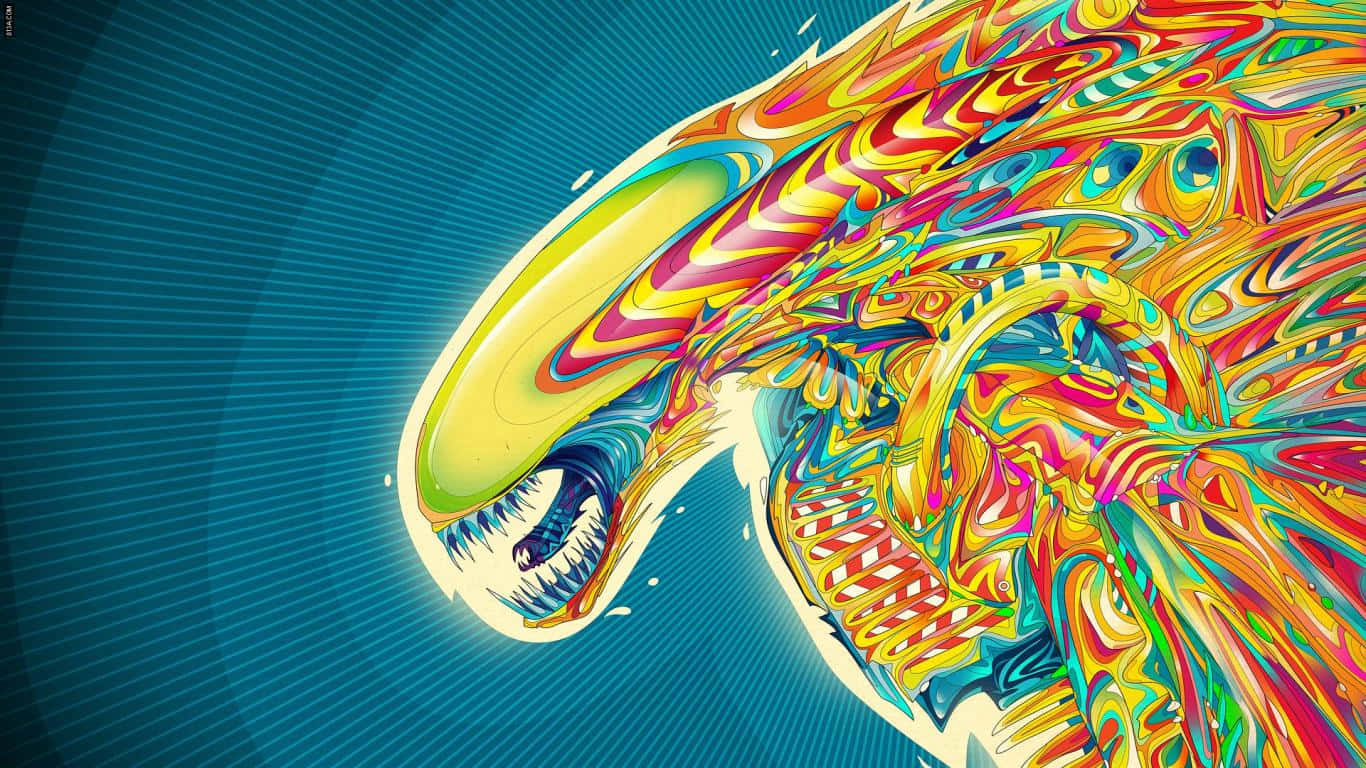 桌布 壁紙 — 一個迷幻的外星生物，帶有旋轉的彩虹圖案和鋒利的牙齒，背景為藍色放射狀。