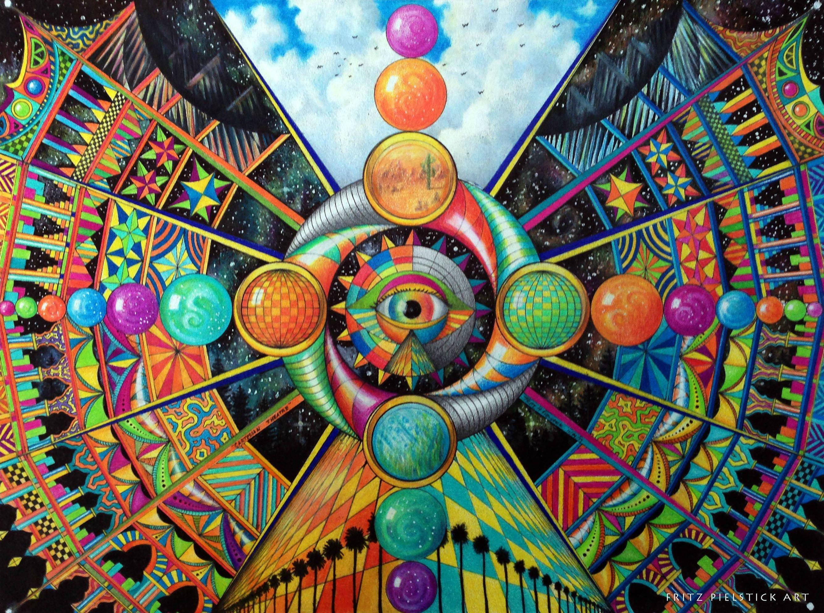 藝術 桌布 壁紙 — 一個迷幻的宇宙之眼，被色彩繽紛的幾何圖案和漂浮球體環繞，背景是星空和棕櫚樹。