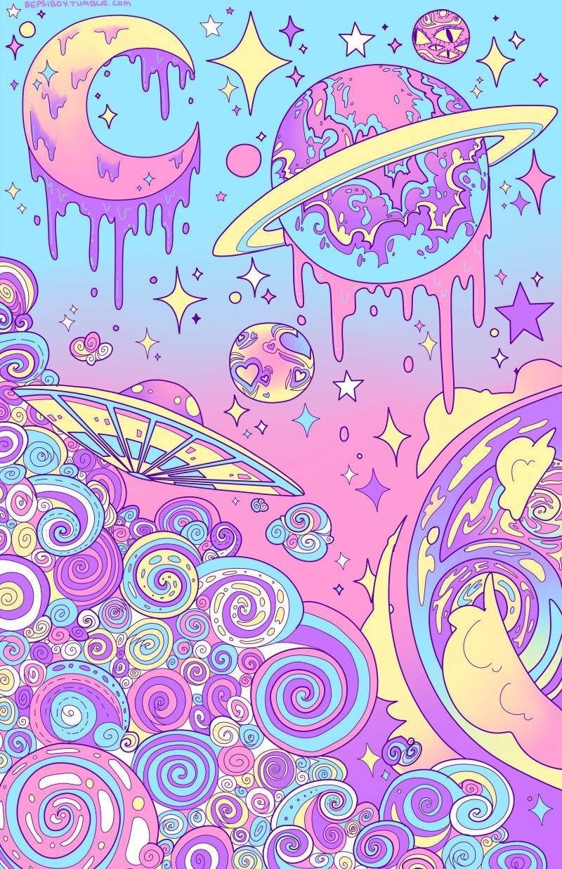平板電腦 桌布 壁紙 — 一個迷幻的宇宙場景，有滴落的行星、星星和漩渦圖案，採用粉紫色、粉紅色和藍色等柔和色調。