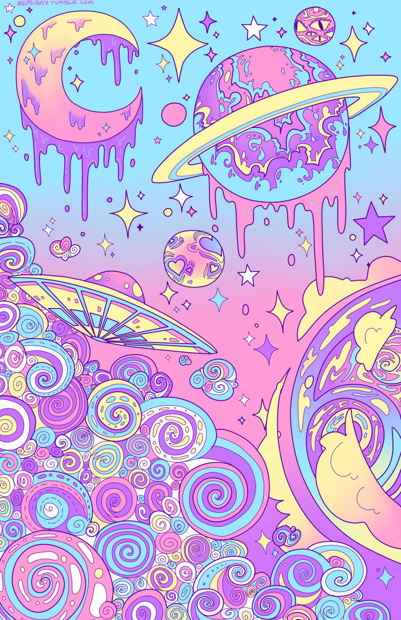 粉嫩哥德 桌布 壁紙 — 一個迷幻的宇宙場景，有滴落的行星、星星和漩渦星系，採用充滿活力的柔和色調。