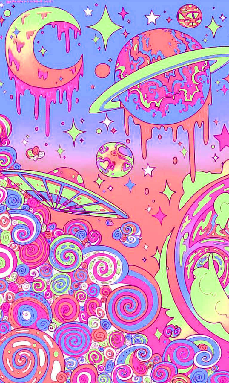 Trippy Stoner 桌布 壁紙 — 一個迷幻的宇宙場景，有滴落的行星、星星和螺旋，呈現鮮豔的粉紅色、紫色和綠色色調。
