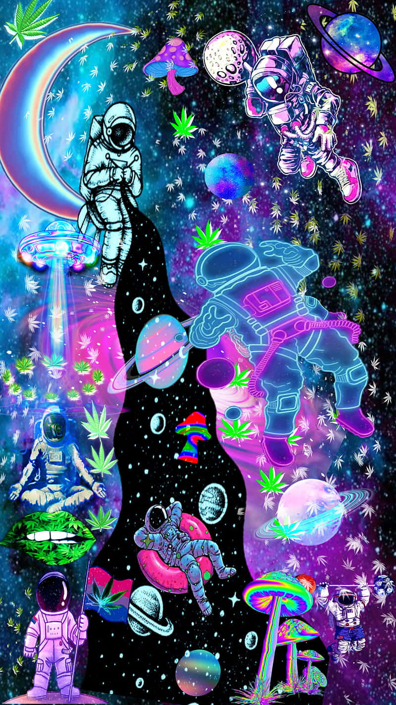 迷幻動圖 桌布 壁紙 — 一個迷幻的宇宙場景，霓虹太空人在彩虹月亮下漂浮在發光的行星、蘑菇和大麻葉之間。