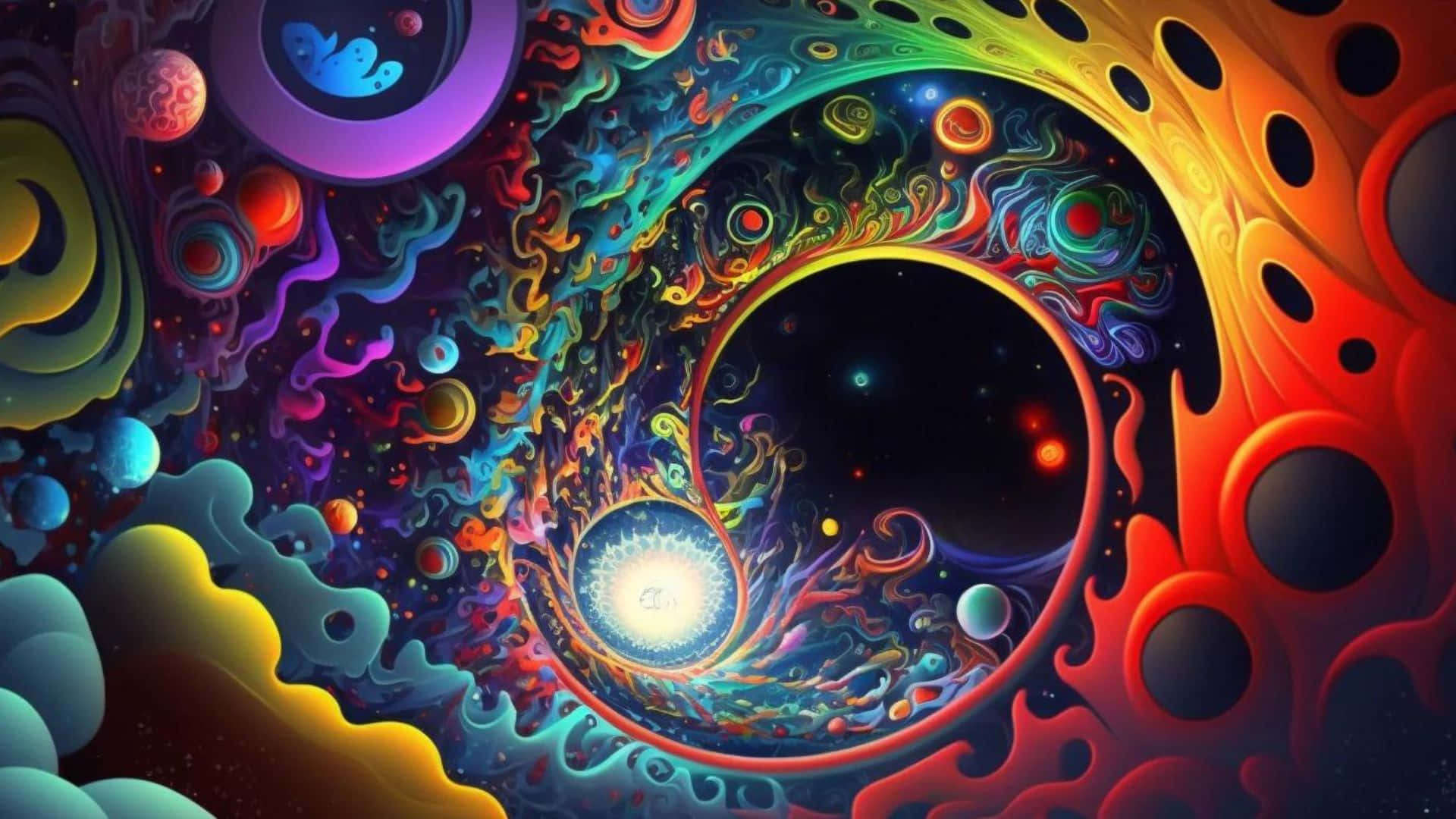 innovation 桌布 壁紙 — 一個迷幻的宇宙漩渦在繁星點點的虛空中旋轉，充滿鮮豔的霓虹色彩和漂浮的球體。