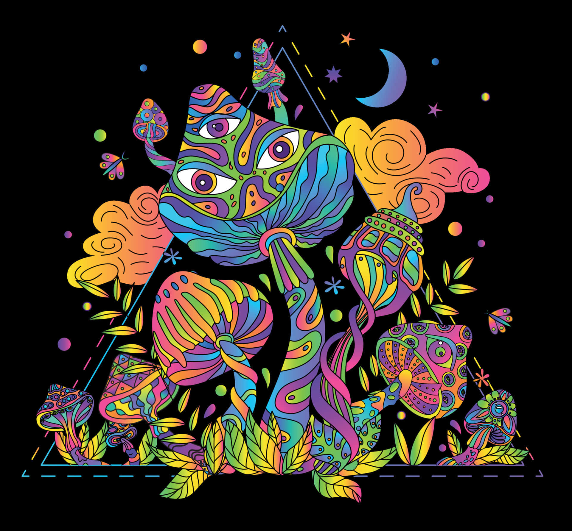 Trippy Mushroom 桌布 壁紙 — 一個迷幻的彩虹色蘑菇生物，在彎月下擁有發光的眼睛和漩渦圖案。