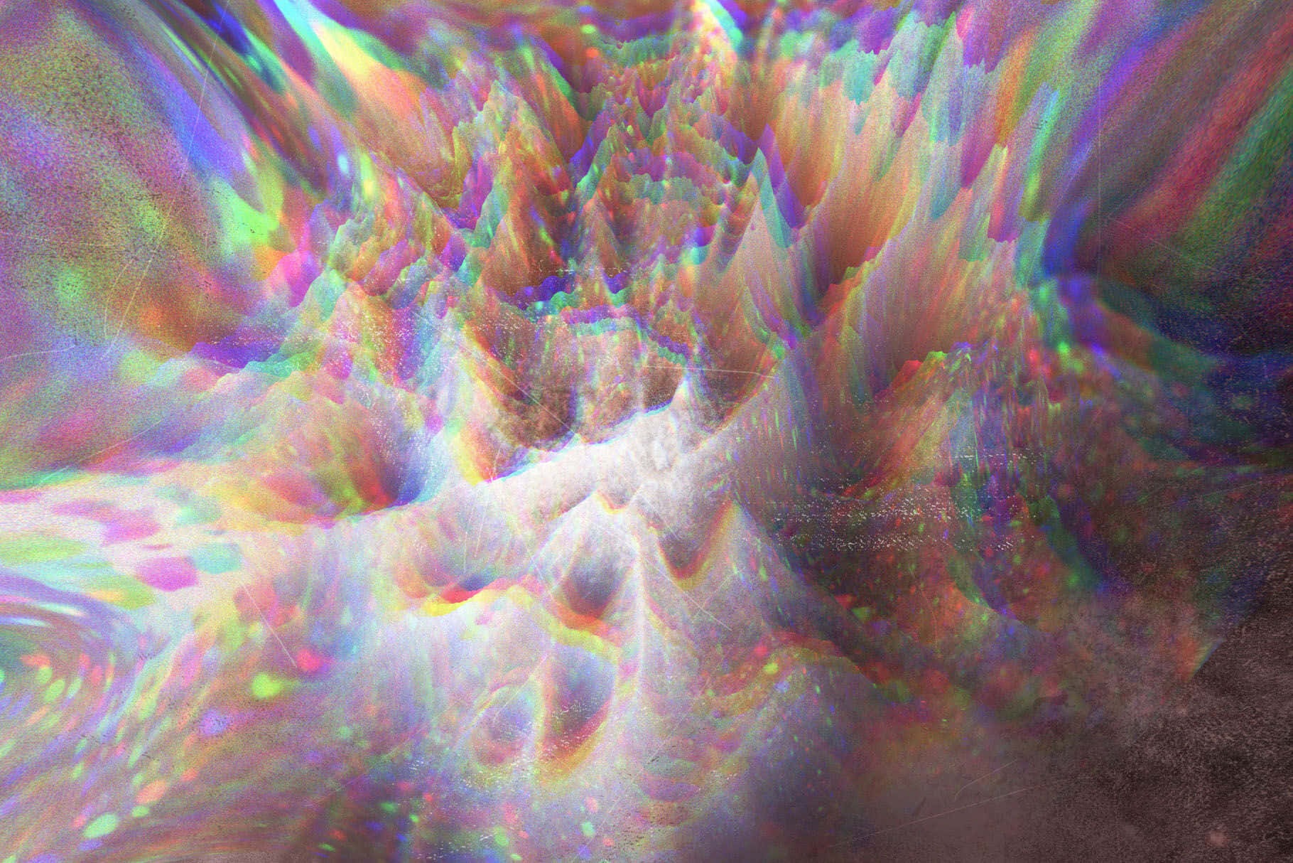 Glitch Effect 桌布 壁紙 — 一個迷幻的抽象景觀，帶有彩虹般的虹彩顏色，像液體光一樣流過鋸齒狀、發光的地形。