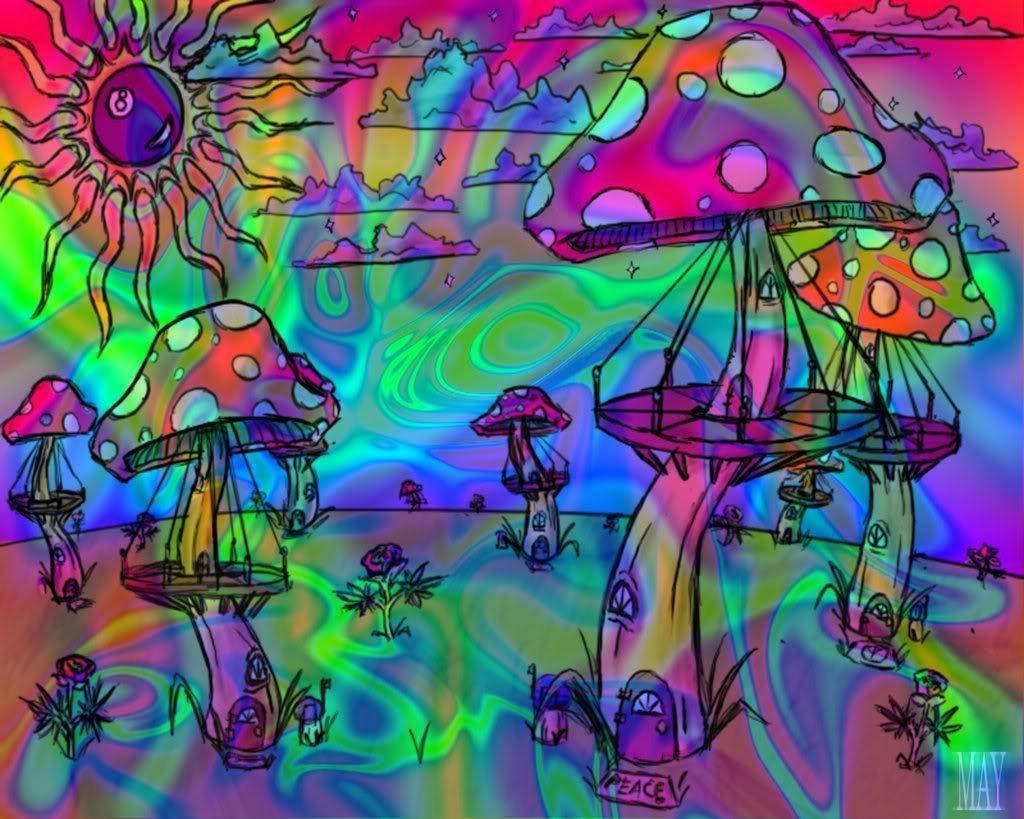 Hippie Aesthetic Laptop 桌布 壁紙 — 一個迷幻的景觀，有巨大的彩虹蘑菇和超現實的太陽，在旋轉多彩的天空下。