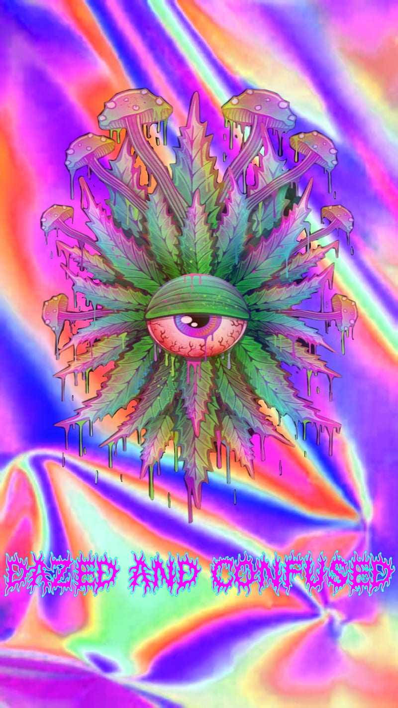 迷幻美學 桌布 壁紙 — 一個迷幻的眼睛嵌入在大麻葉中，被發光蘑菇包圍，背景是旋轉彩虹漸變。