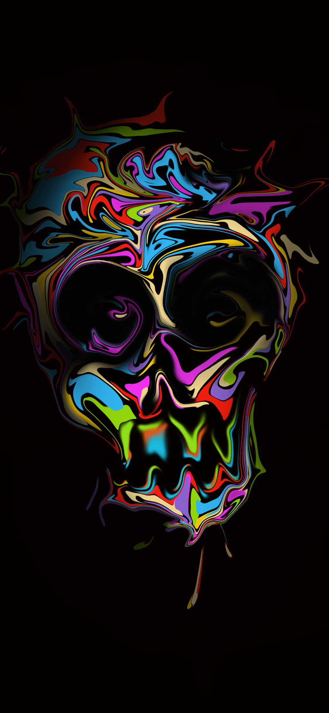 Cool Design iPhone 桌布 壁紙 — 一個迷幻的頭骨，帶有旋轉的彩虹色，背景為黑色。