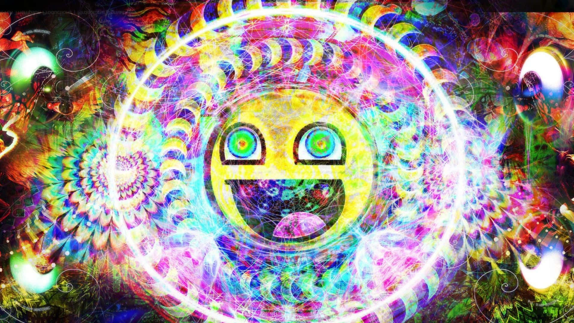 dreamy 桌布 壁紙 — 一個迷幻笑臉在旋轉的數位爆炸中散發出鮮豔的分形圖案和霓虹色彩。