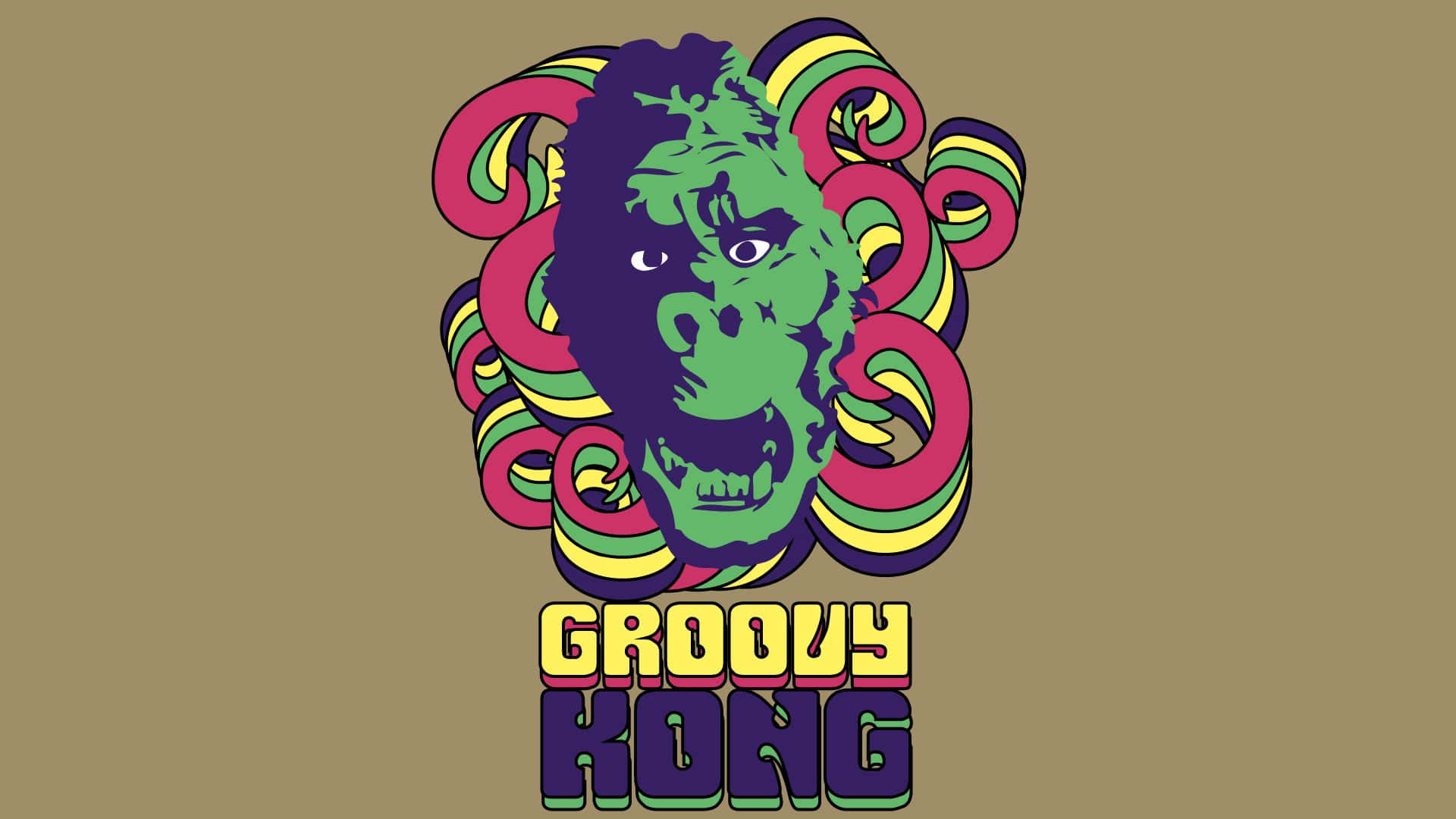 Gorilla 桌布 壁紙 — 一個迷幻風格的插圖，描繪綠色大猩猩頭部，周圍環繞著旋轉的彩虹圖案，下方有「Groovy Kong」文字。
