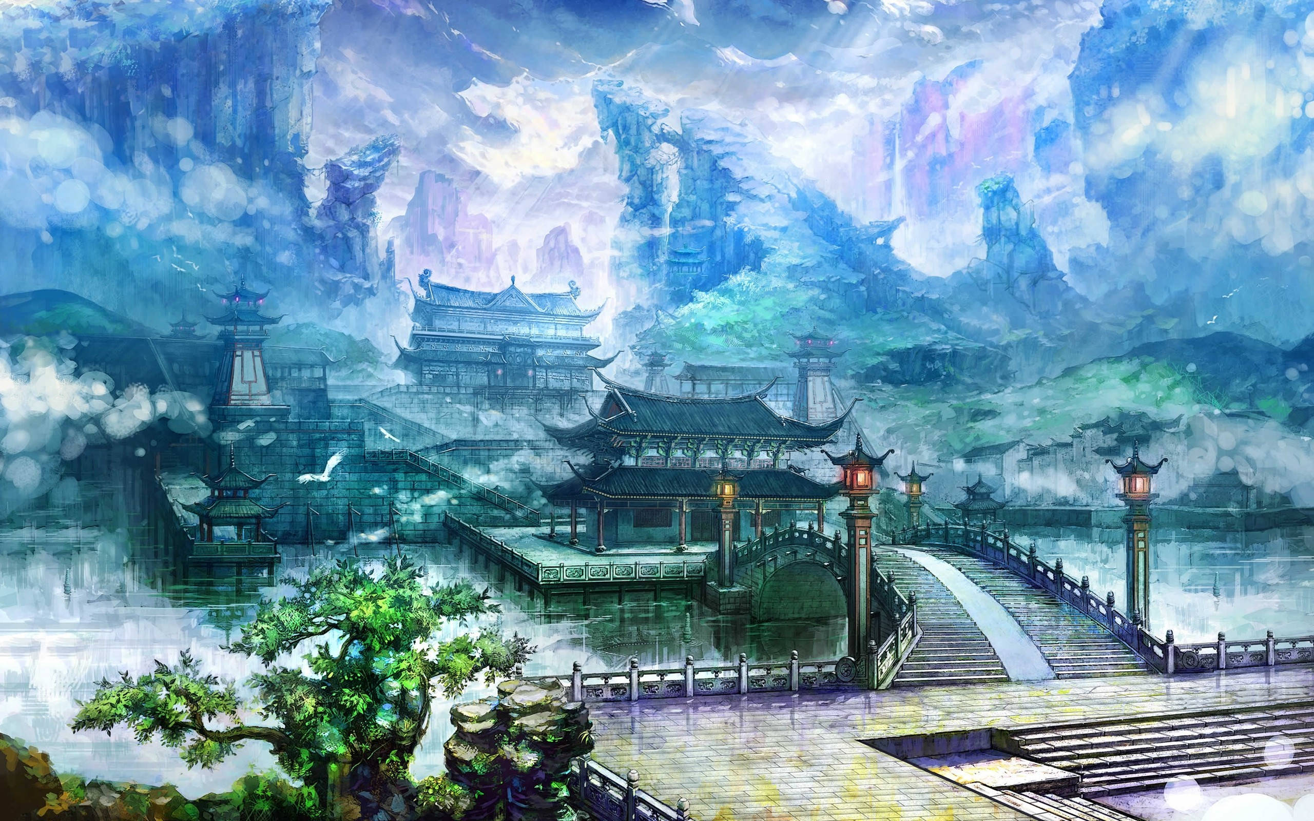 Beijing 桌布 壁紙 — 一個迷霧中的夢幻村莊，擁有傳統東亞建築，坐落在高聳的藍色山脈之間，天空如夢似幻。