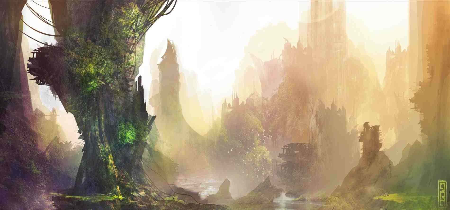 奇幻藝術 桌布 壁紙 — 一個迷霧籠罩的奇幻山谷，有巨大的古樹和漂浮的廢墟，沐浴在金色的黎明光芒中。
