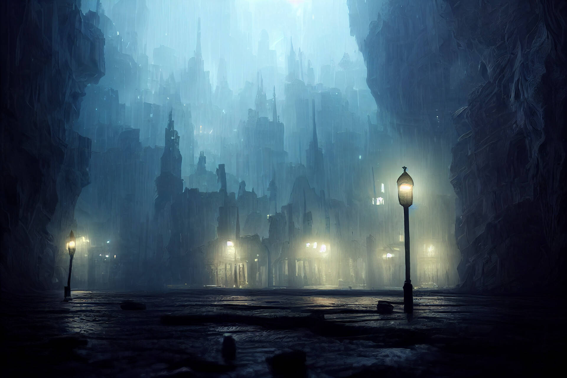 峽谷中的哥德式城市，夜晚，雨中發光的街燈。 — 神秘 壁紙