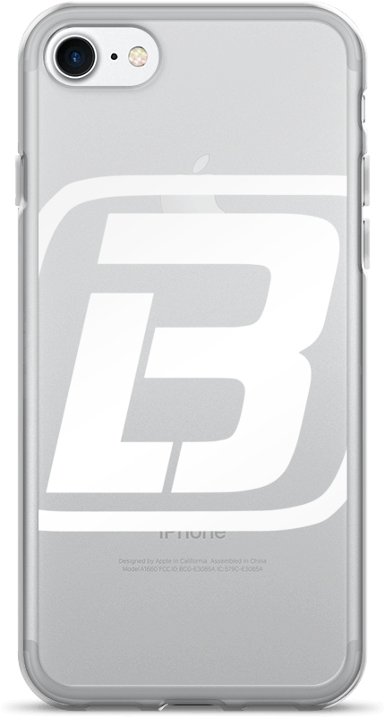 白色 iPhone 桌布 壁紙 — 一個透明iPhone保護殼，背面中央有一個大膽的白色風格化字母B標誌。