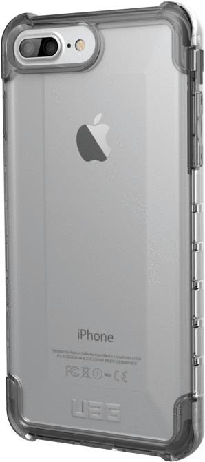 白色 iPhone 桌布 壁紙 — 一個透明堅固的手機殼，包裹著一部帶有可見 Apple 標誌和相機模組的 iPhone。