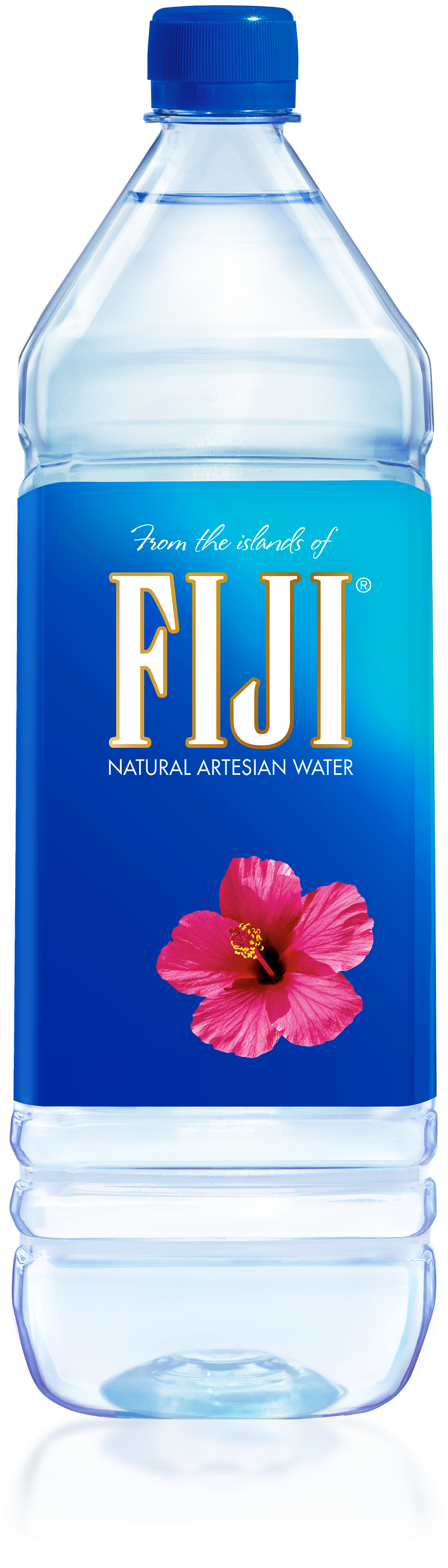 斐濟 桌布 壁紙 — 一個透明塑膠Fiji水瓶，藍色瓶蓋和標籤，標籤上有粉紅色芙蓉花，背景為深藍色。