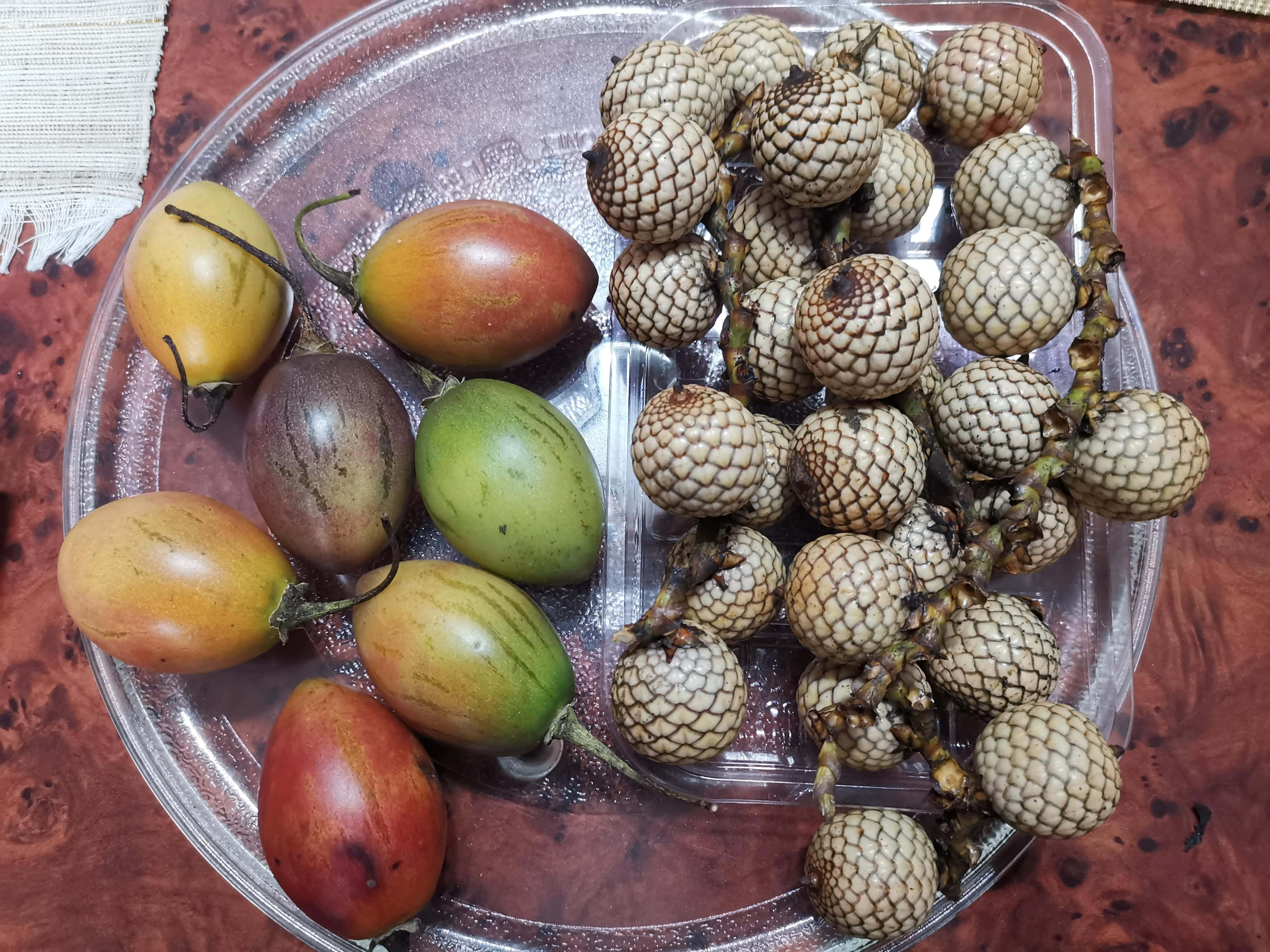Fruit 桌布 壁紙 — 一個透明塑膠托盤上放著色彩繽紛的蛋形水果和一簇質地豐富的米色棕櫚堅果，置於紅褐色木質表面上。