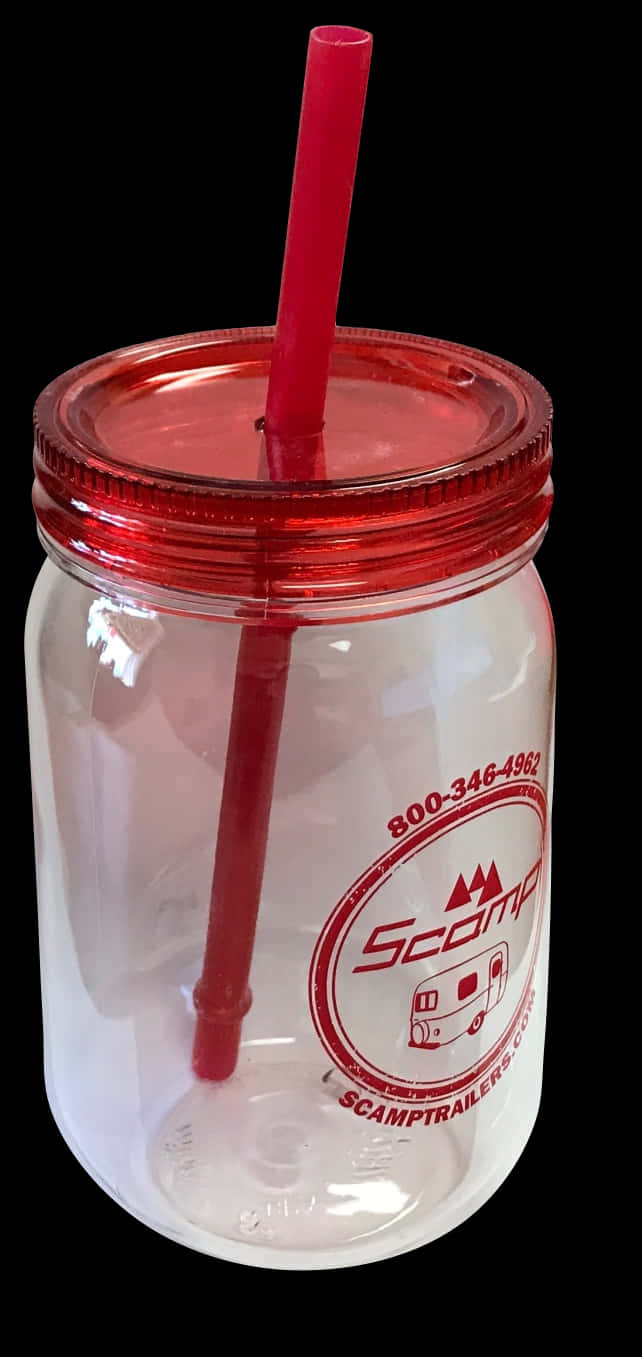 Container 桌布 壁紙 — 一個透明塑膠梅森罐，帶有紅色蓋子、吸管和 Scamp 拖車標誌，背景為黑色。