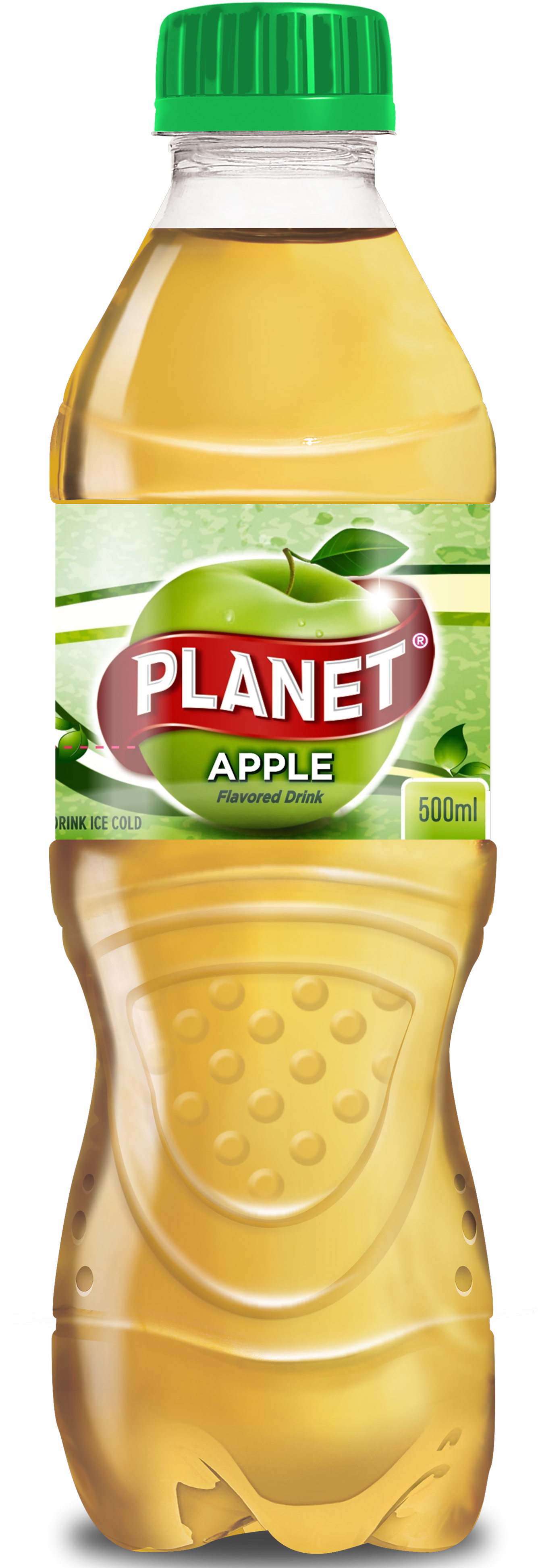 飲料 桌布 壁紙 — 一個透明塑膠瓶，裝有 Planet Apple 風味飲料，綠色瓶蓋，標籤上有蘋果圖案。