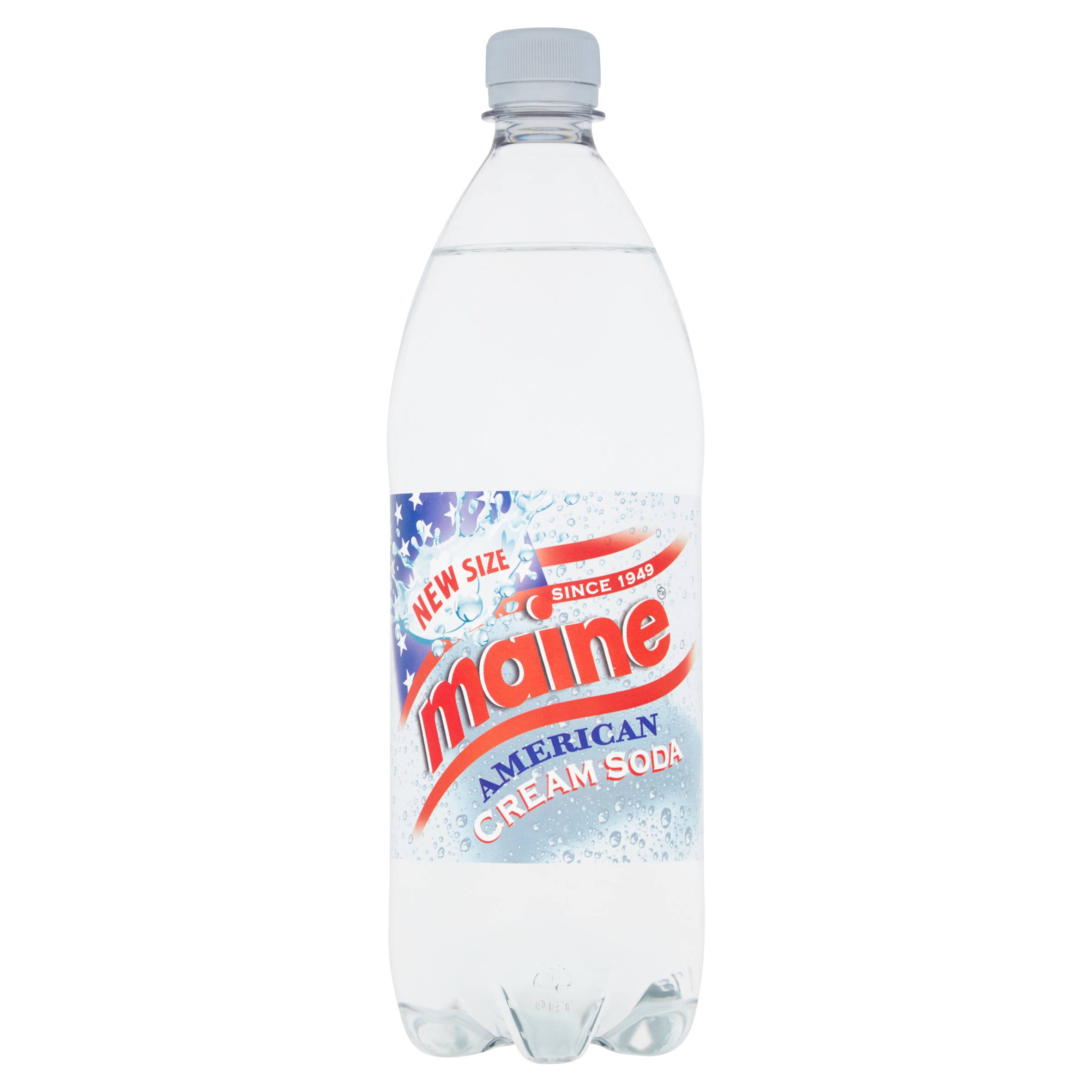 Drink 桌布 壁紙 — 一個透明塑膠瓶的Maine American Cream Soda，帶有紅、白、藍色標籤，立在純白色背景前。