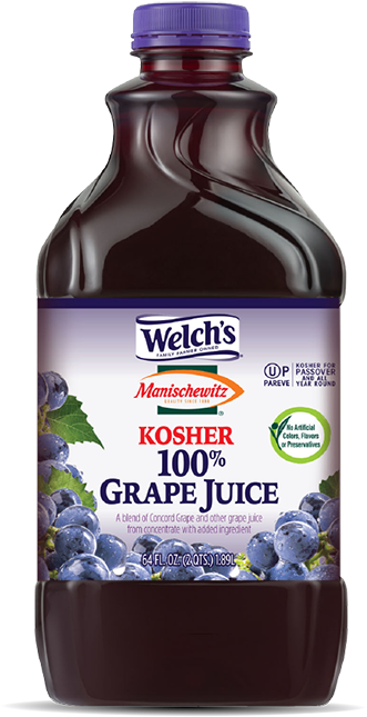 葡萄 桌布 壁紙 — 一個透明塑膠瓶裝 Welch's Kosher 100% 葡萄汁，有紫色蓋子和標籤，標籤上有葡萄圖案。