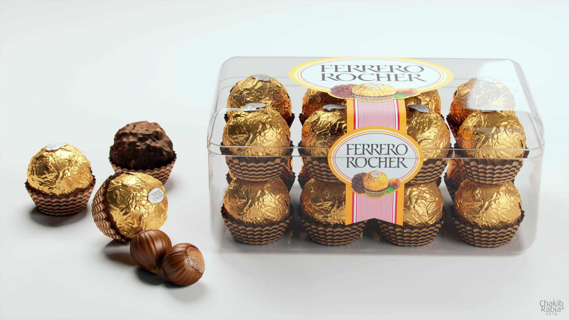 Foil 桌布 壁紙 — 一個透明塑膠盒，內有金箔包裝的Ferrero Rocher巧克力，旁邊有榛果散落在白色表面上。