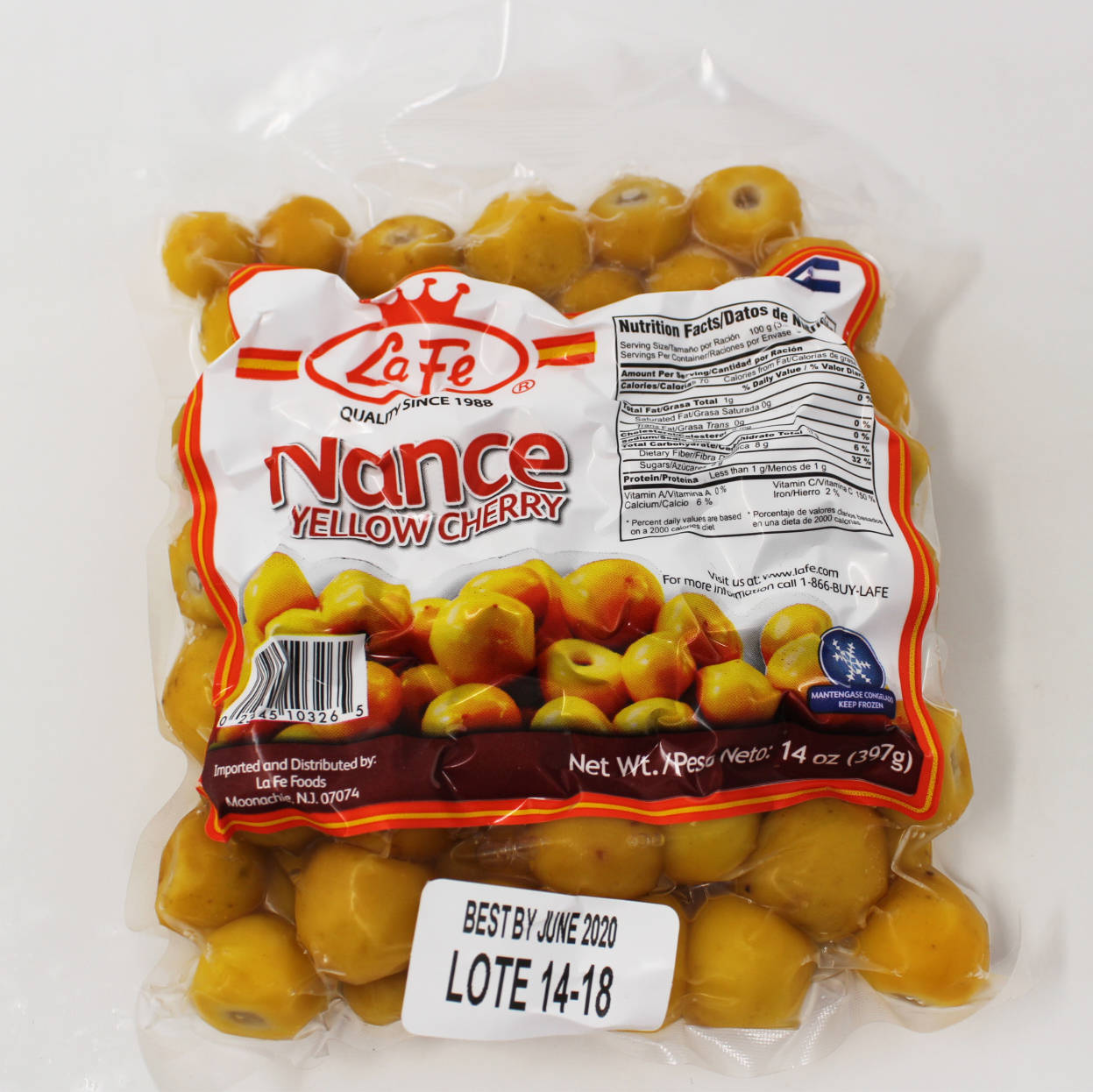 Fruits 桌布 壁紙 — 一個透明塑膠袋，裝滿La Fe品牌的黃色櫻桃橄欖，附有營養標示和有效日期標籤。