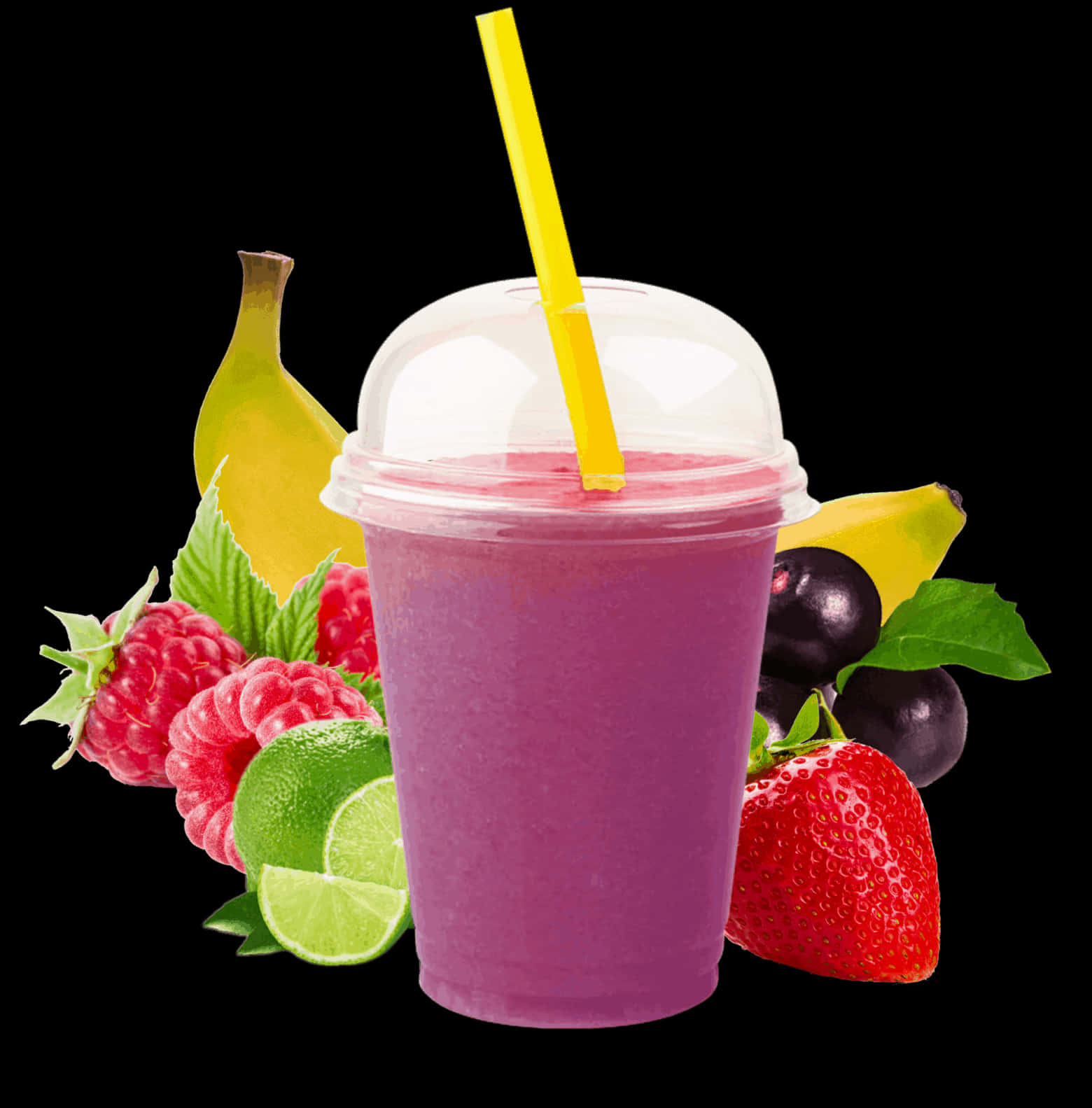 Fruit Juice 桌布 壁紙 — 一個透明杯中的鮮豔紫色冰沙，配有黃色吸管，周圍是新鮮的覆盆子、萊姆片、草莓和香蕉，背景為黑色。