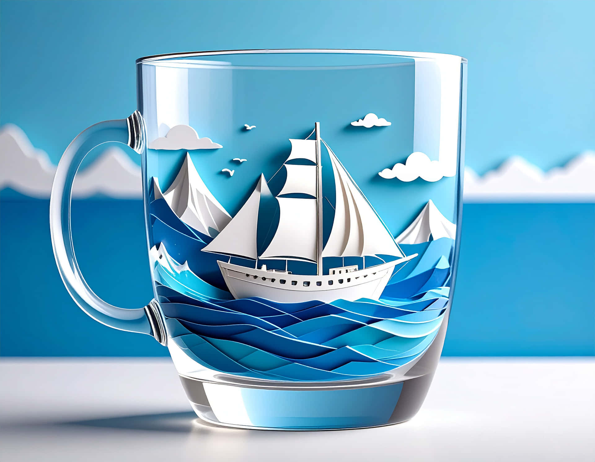 White Boat 壁紙 — 一個透明玻璃杯上有一個3D剪紙風格的帆船，在層疊的藍色波浪上行駛，配有白雲和遠山。