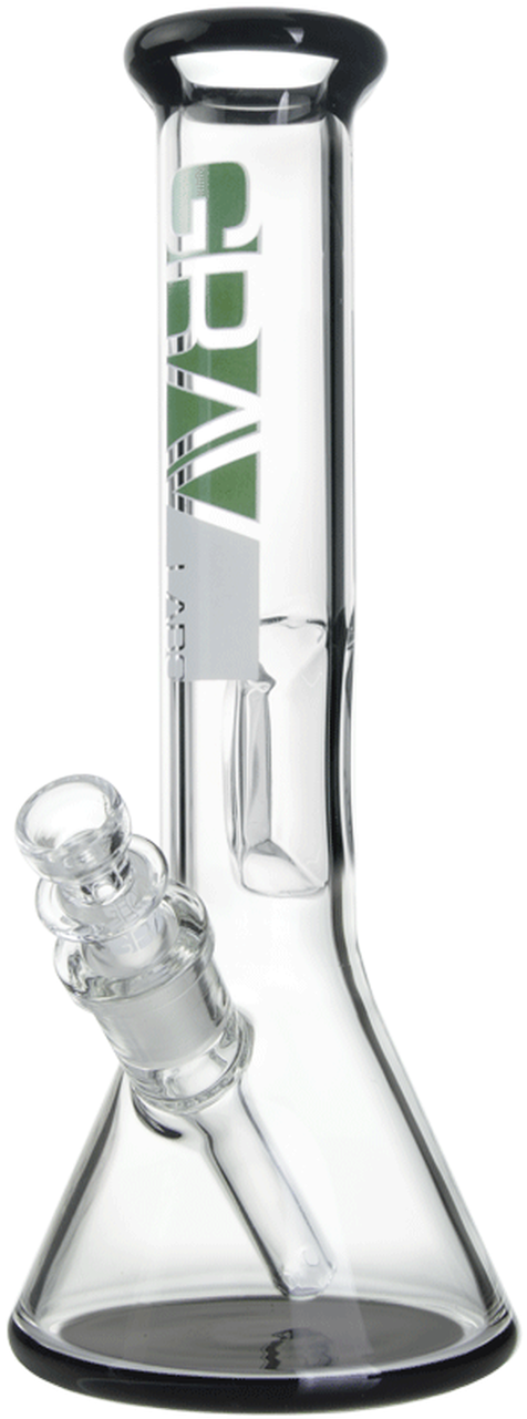 燒杯 桌布 壁紙 — 一個透明玻璃水煙槍，帶有綠色 'GRAV' 品牌標誌和黑色點綴，孤立在白色背景上。