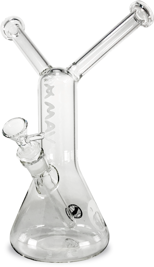 bong 桌布 壁紙 — 一個透明玻璃水煙槍，帶有雙管和側臂，背景為黑色。