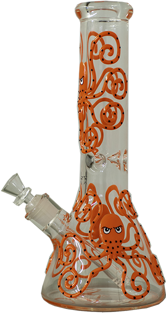 Glass Bottle 桌布 壁紙 — 一個透明玻璃水煙槍，裝飾著鮮豔的橙色章魚設計和漩渦圖案，背景為黑色。