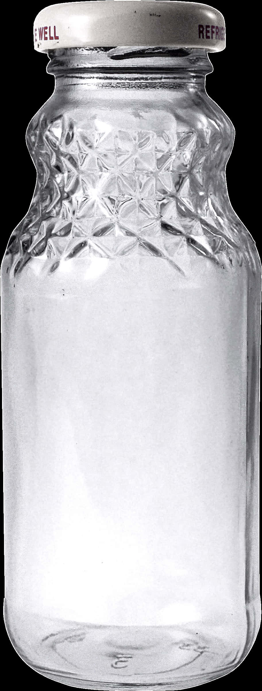 Container 桌布 壁紙 — 一個透明玻璃瓶，帶有鑽石切割圖案和白色瓶蓋，在純黑背景前空置著。