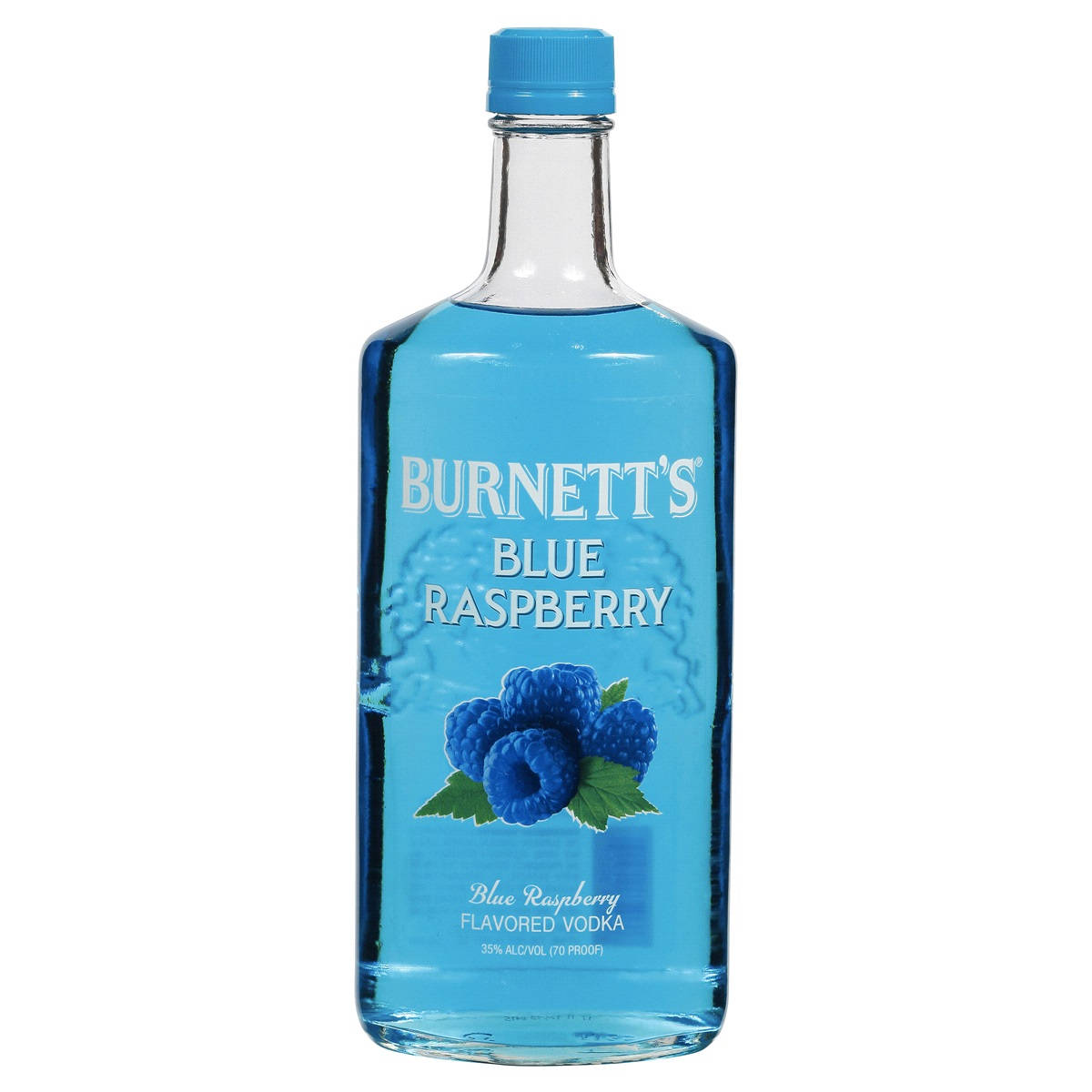 Burnett's藍莓味伏特加瓶，帶有藍色液體和藍莓圖案。 — Juice Wrld 壁紙