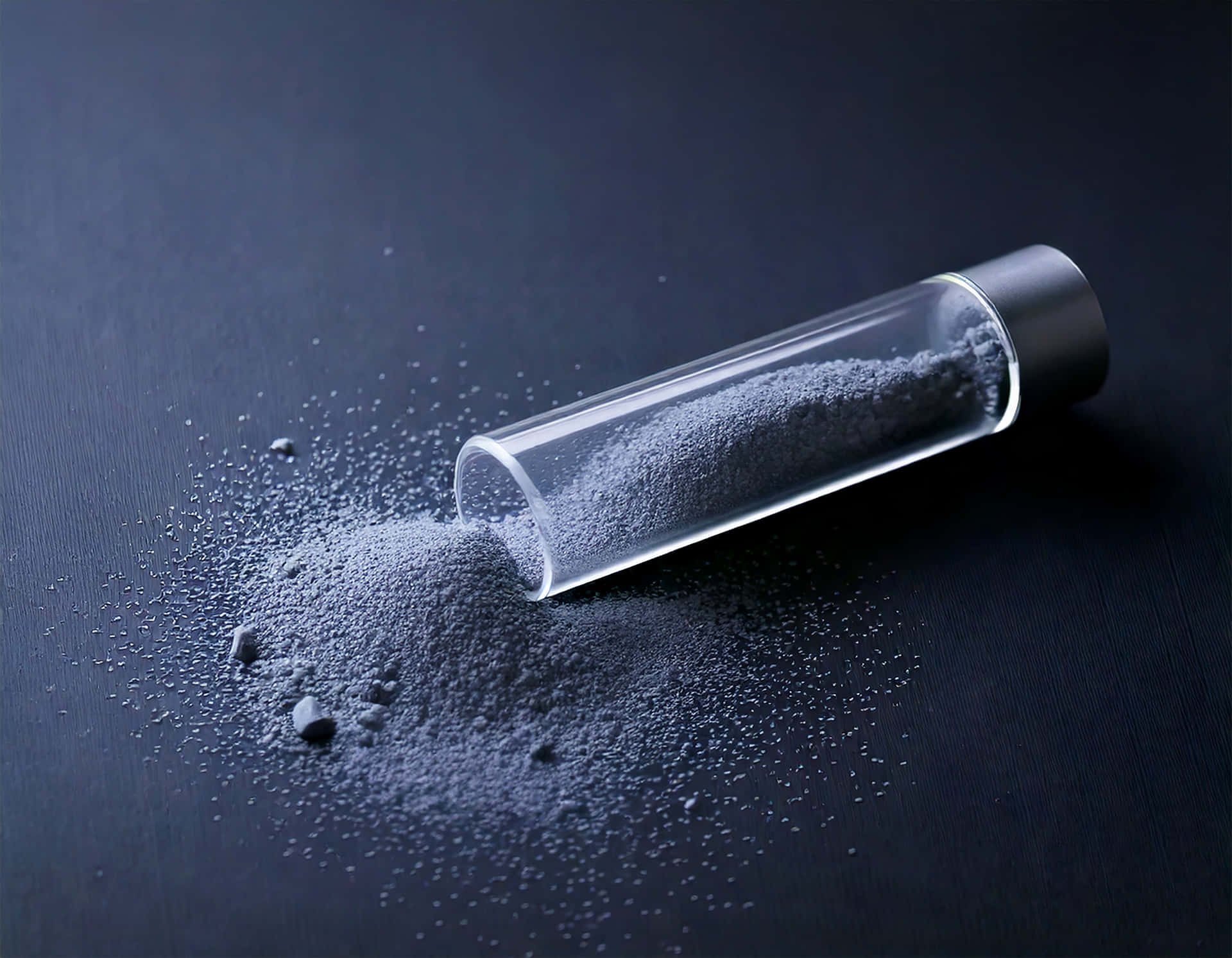 Powdered Mineral 壁紙 — 一個透明玻璃瓶倒下，在柔和光線下將細小的灰色粉末灑在深色紋理表面上。