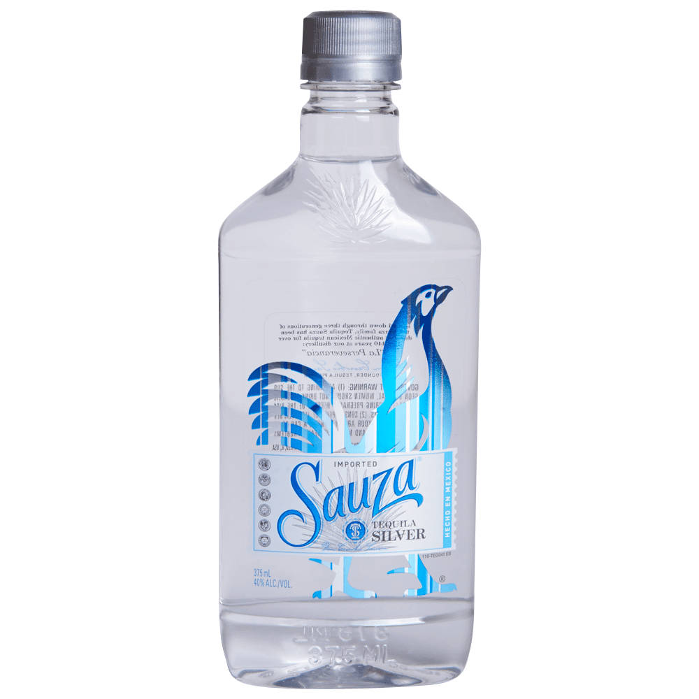 alcohol 桌布 壁紙 — 一個透明玻璃瓶的 Sauza Silver Tequila，帶有藍色鳥標籤，背景為白色。
