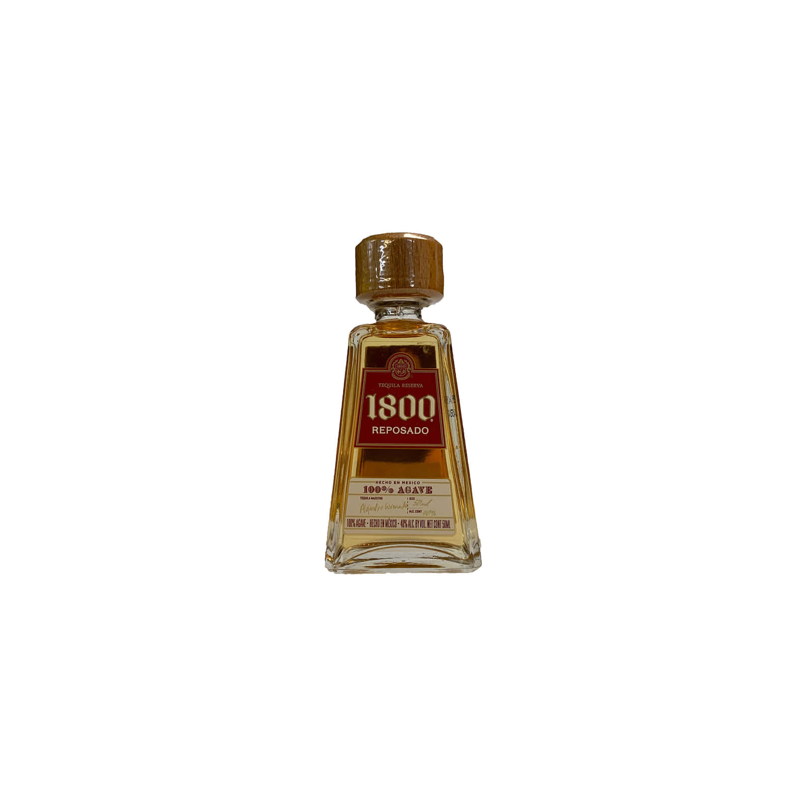 alcohol 桌布 壁紙 — 一個透明玻璃瓶的1800 Reposado龍舌蘭酒，帶有琥珀色液體和木蓋，背景為純白色。