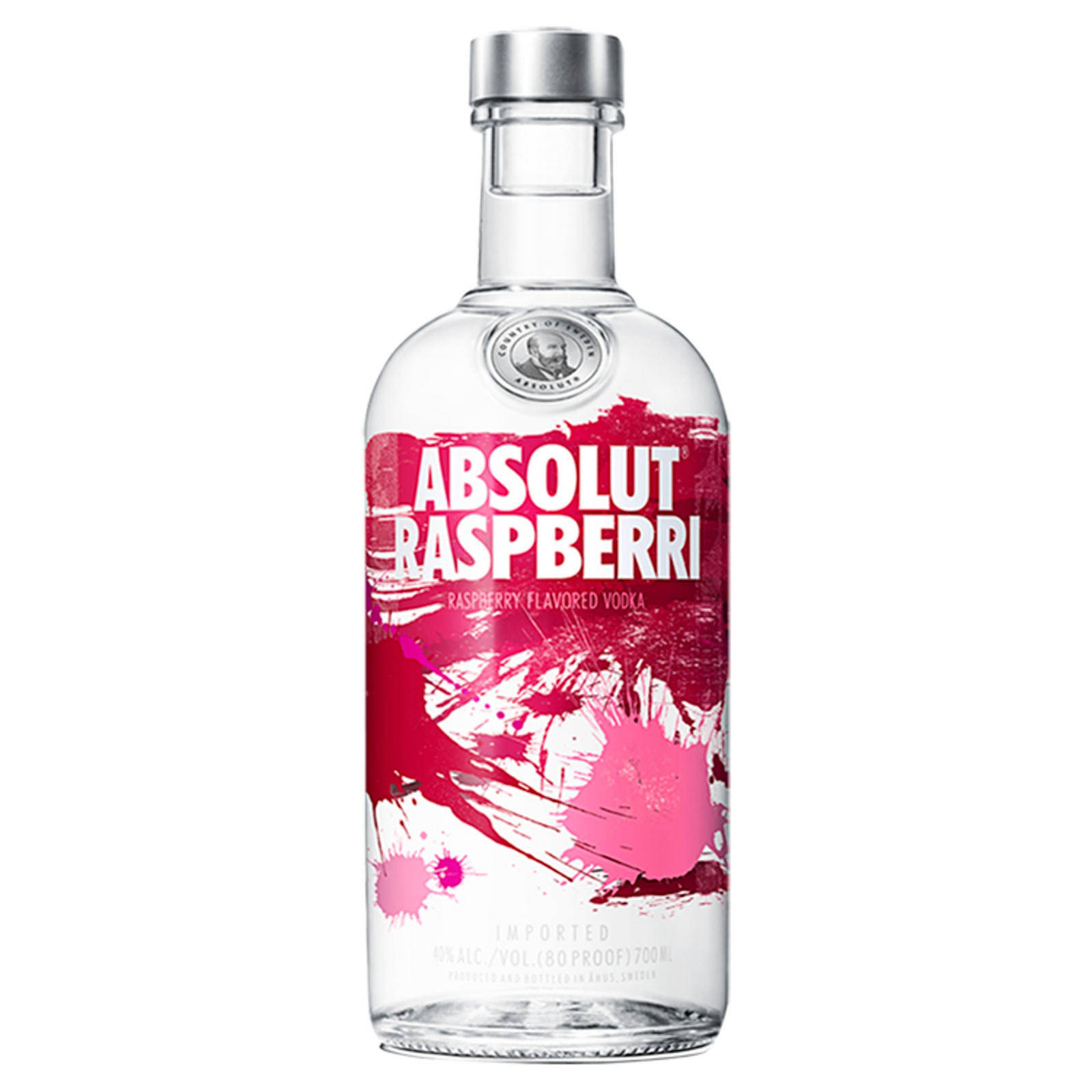Vodka 桌布 壁紙 — 一個透明玻璃瓶的Absolut Raspberry伏特加，帶有醒目的粉紅色潑濺設計和白色文字，背景為純白色。