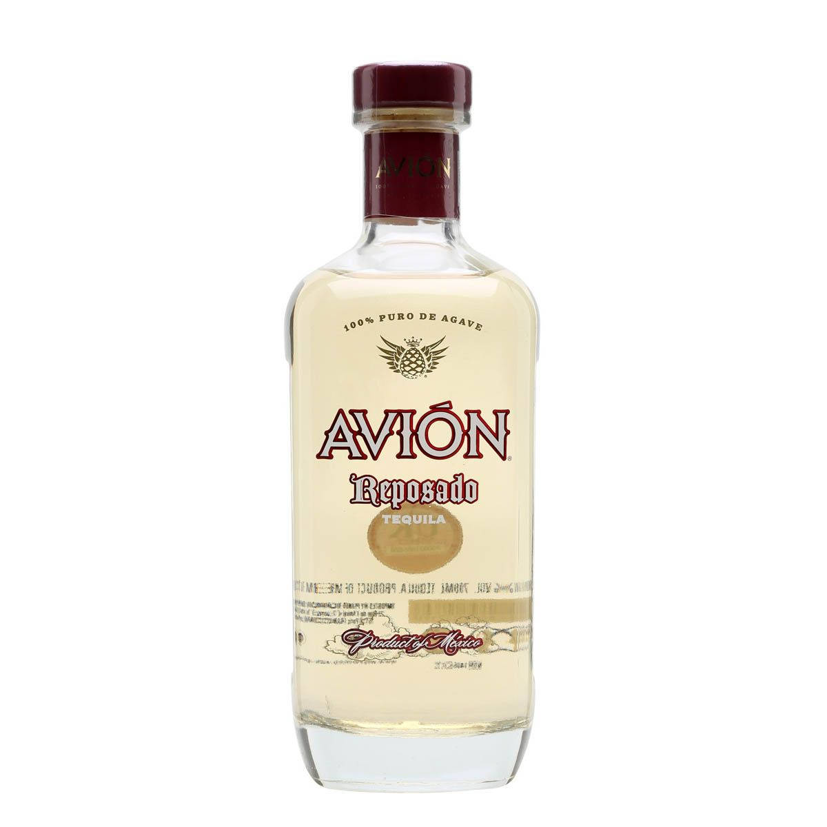 bottle 桌布 壁紙 — 一個透明玻璃瓶的Avion Reposado龍舌蘭酒，帶有栗色瓶蓋和奶油色標籤，在純白色背景中央豎立。
