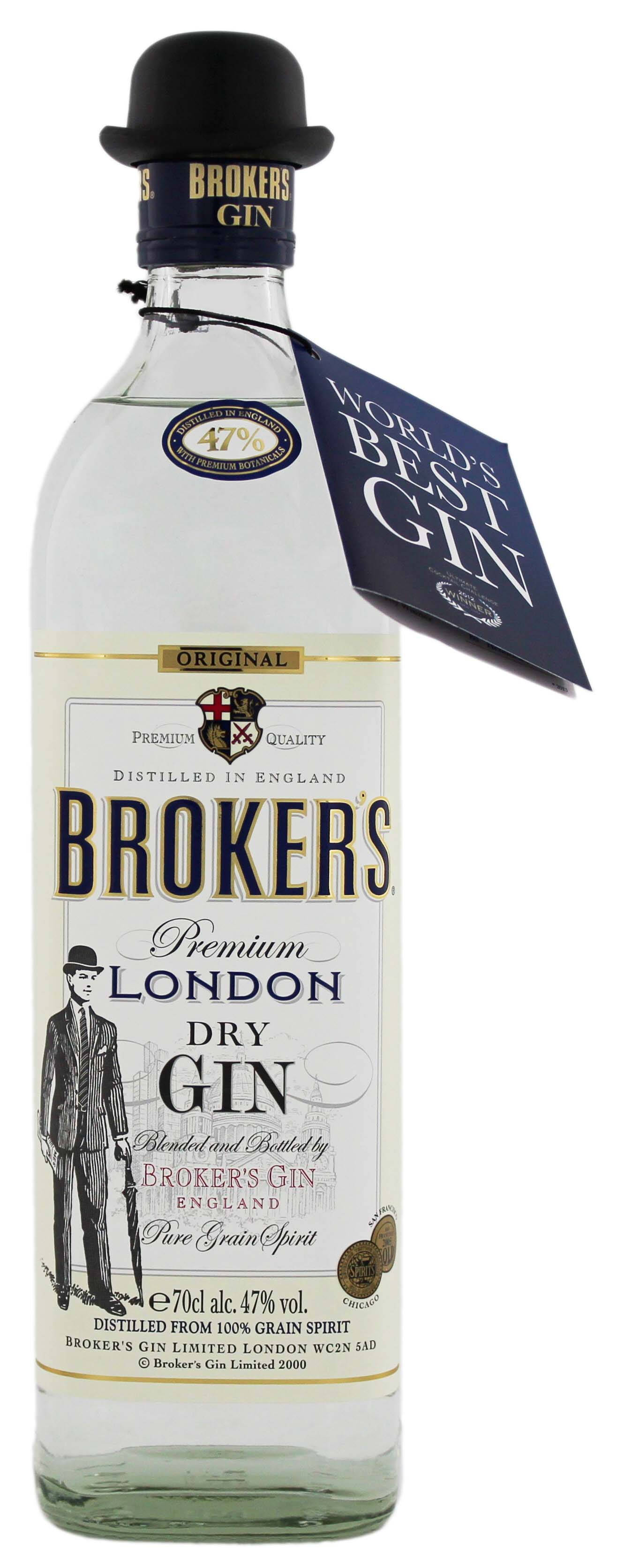 Drink 桌布 壁紙 — 一個透明玻璃瓶的Brokers Gin，帶有黑色圓頂禮帽瓶塞和一個標籤，上面寫著「World's Best Gin」，背景為白色。