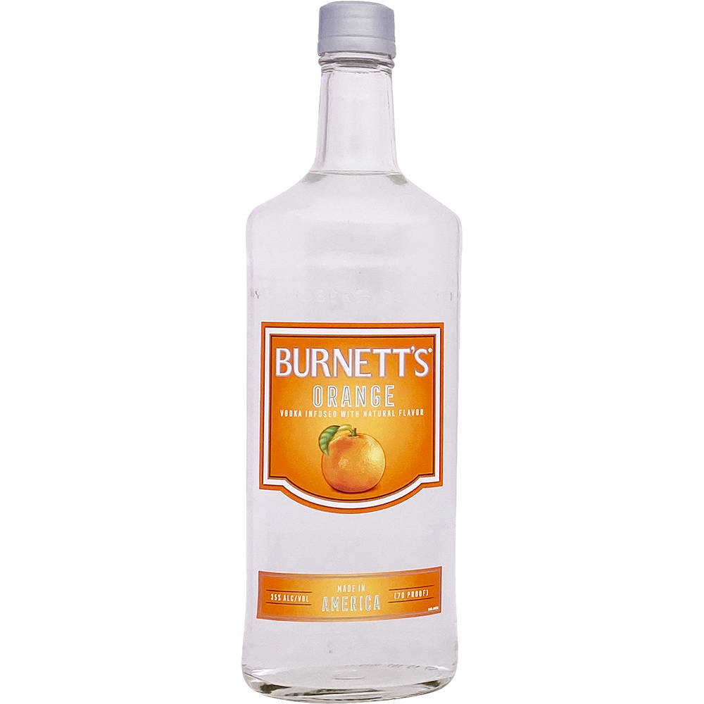 drinks 桌布 壁紙 — 一個透明玻璃瓶的Burnett's Orange Vodka，帶有橙色標籤和銀色蓋子，背景為白色。