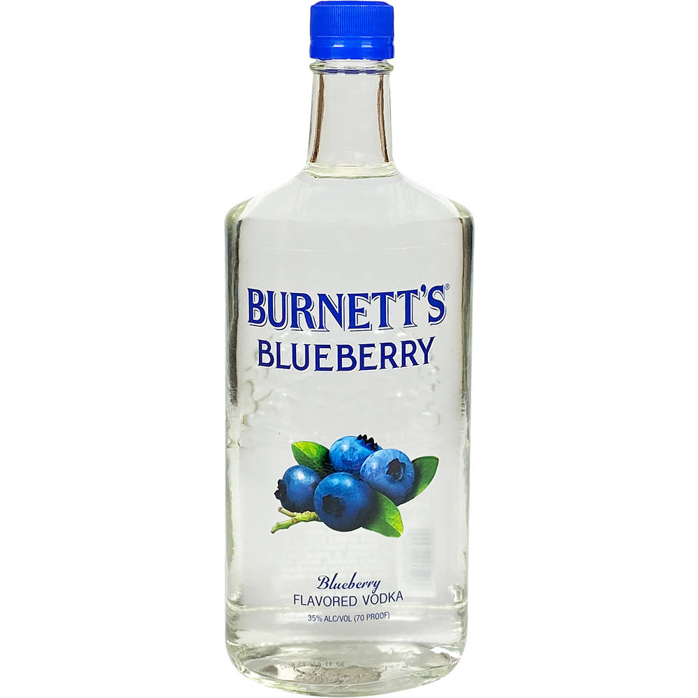 drinks 桌布 壁紙 — 一個透明玻璃瓶的Burnett's藍莓口味伏特加，帶有藍色瓶蓋和藍莓插圖，背景為白色。