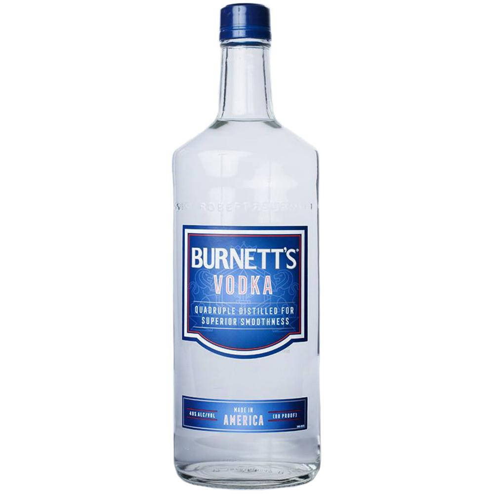 drinks 桌布 壁紙 — 一個透明玻璃瓶的Burnett's伏特加，帶有藍色瓶蓋和標籤，孤立在白色背景上。