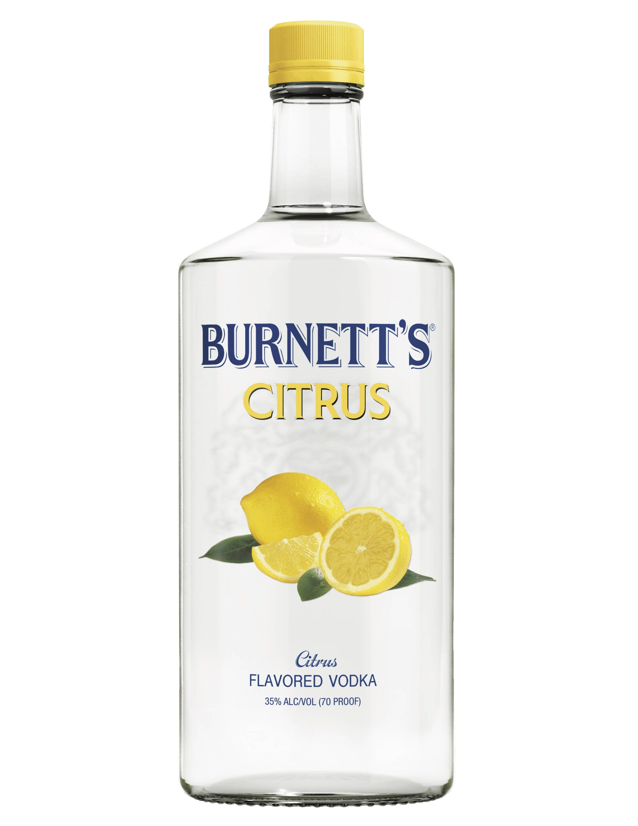 drinks 桌布 壁紙 — 一個透明玻璃瓶的Burnett's柑橘味伏特加，帶有黃色瓶蓋和標籤上的檸檬圖案。