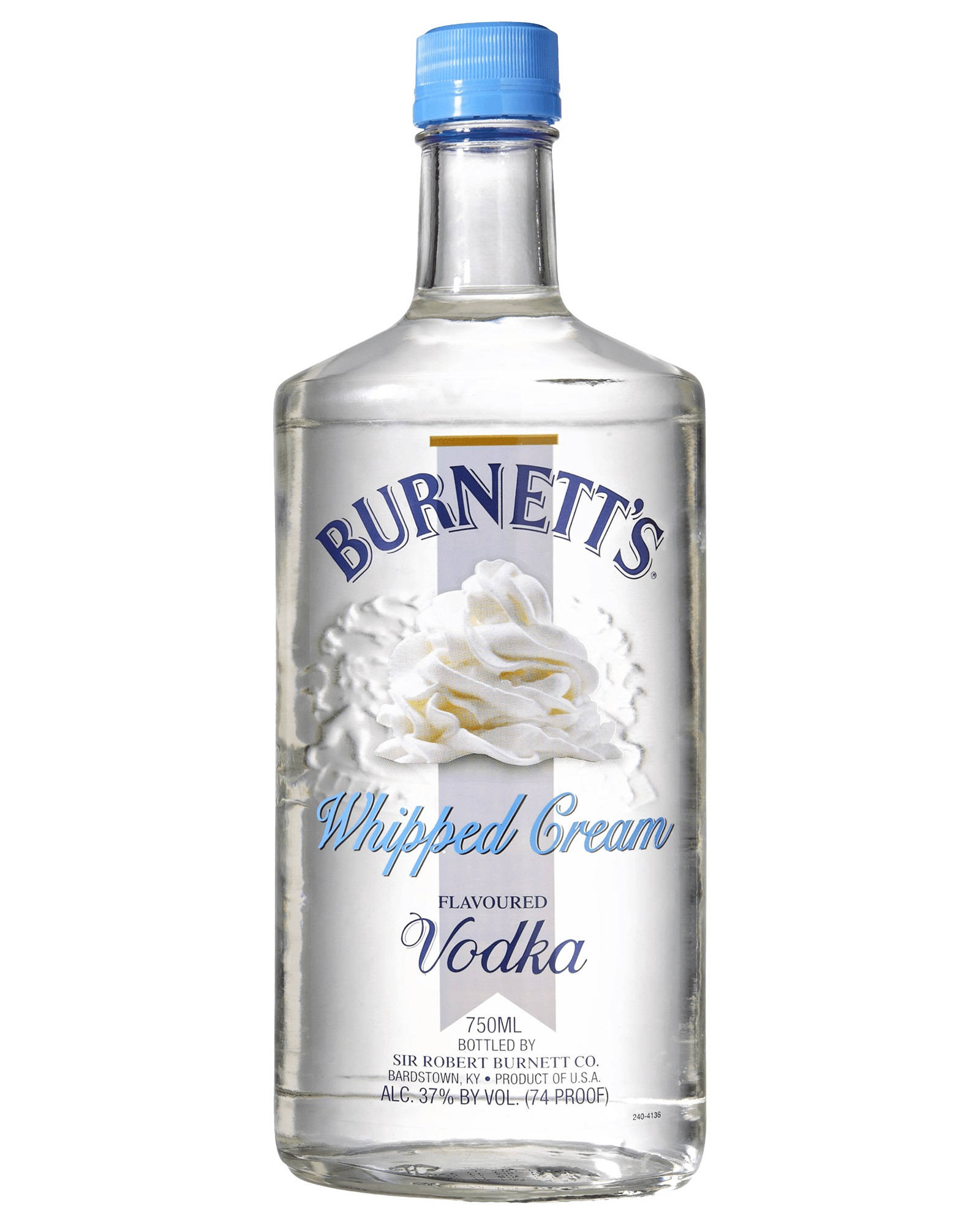 drinks 桌布 壁紙 — 一個透明玻璃瓶的Burnett's Whipped Cream Flavoured Vodka，帶有藍色瓶蓋和標籤上的鮮奶油圖案。