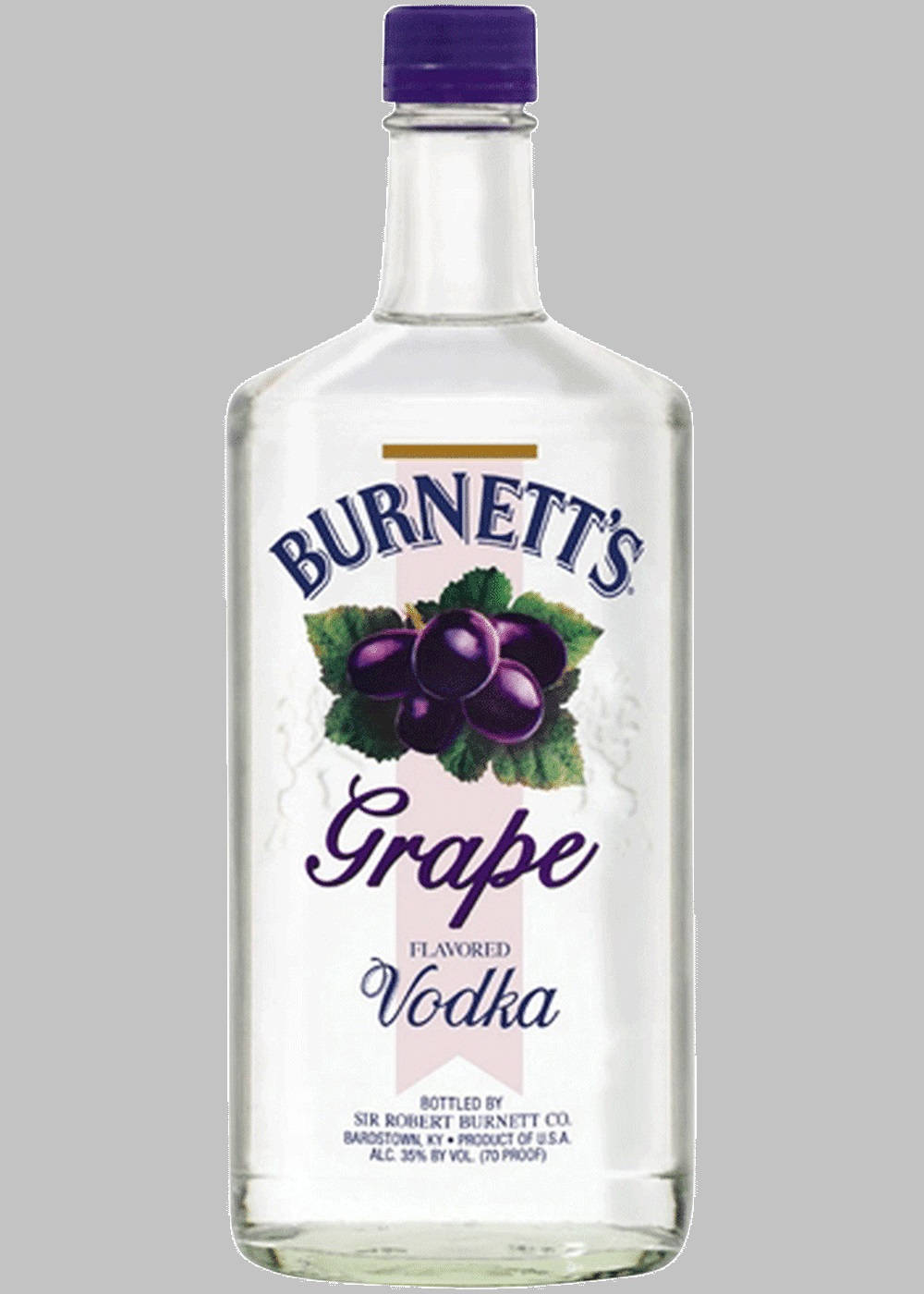 drinks 桌布 壁紙 — 一個透明玻璃瓶的Burnett's Grape Flavored Vodka，帶有紫色瓶蓋和葡萄插圖，放在純灰色背景上。
